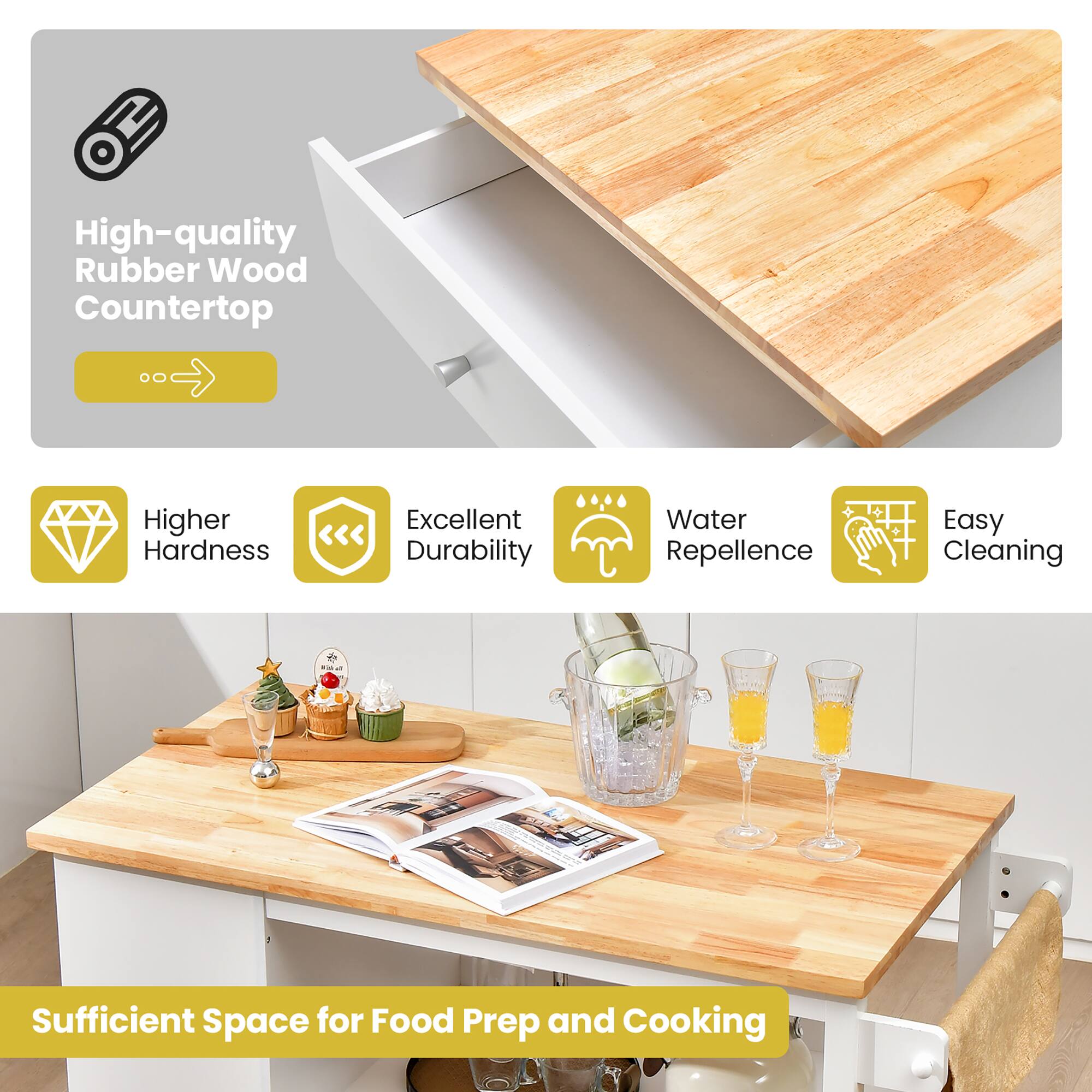 High-quality Rubber Wood Countertop

- Higher Hardness
- Excellent Durability
- Water Repellence
- Easy Cleaning

Sufficient Space for Food Prep and Cooking
