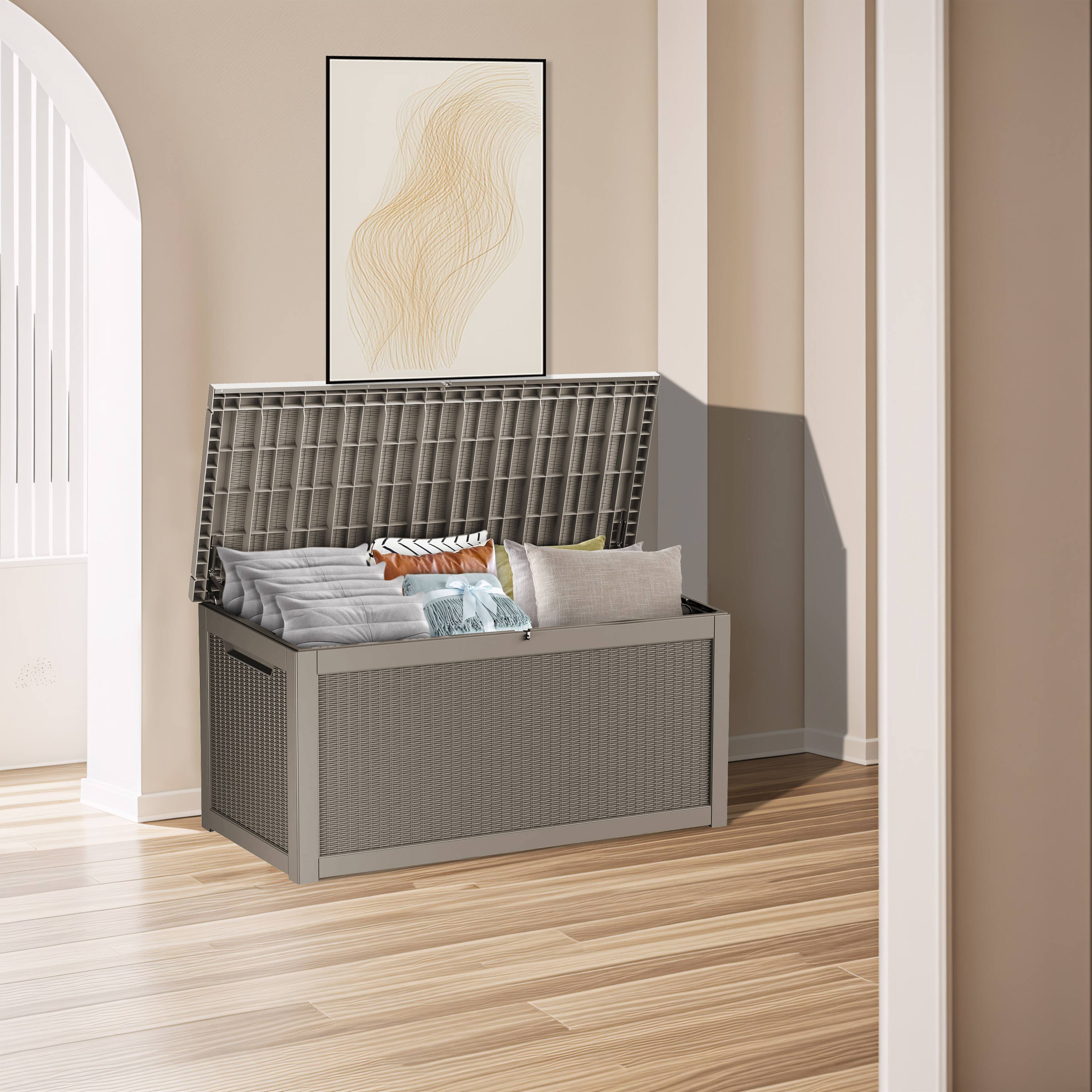 Back. Decksplore - 320 Gal. Outdoor Resin Waterproof Deck Box with Lockable Lid - Brown.