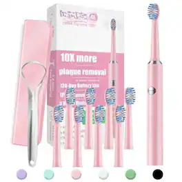 Cozy Serene - Electric Toothbrush For Adults And With Tongue Scraper 8 Brush Heads One Fast Charge Last 120 Days - Midnight Pink-1 Count (Pack of 1)