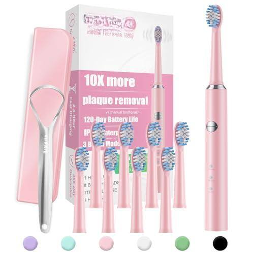 Sure, here is the corrected and grouped text from the image:

**Product Name:**
- SmileBuddy 4 Brush Heads (100%)

**Features:**
- 10X more plaque removal
- 120-Day Battery Life
- IPX7 Waterproof
- 3 Brush Modes

**Brush Modes:**
- 1H
- 3B
- 8B
- L
- E
- 1T
- 1T

**Additional Information:**
- Comes with a charging cable
- Includes 4 brush heads and a cleaning tool

**Battery Life:**
- 5-Hour Charging

**Design:**
- Pink color

This text is organized to reflect the information provided in the image.