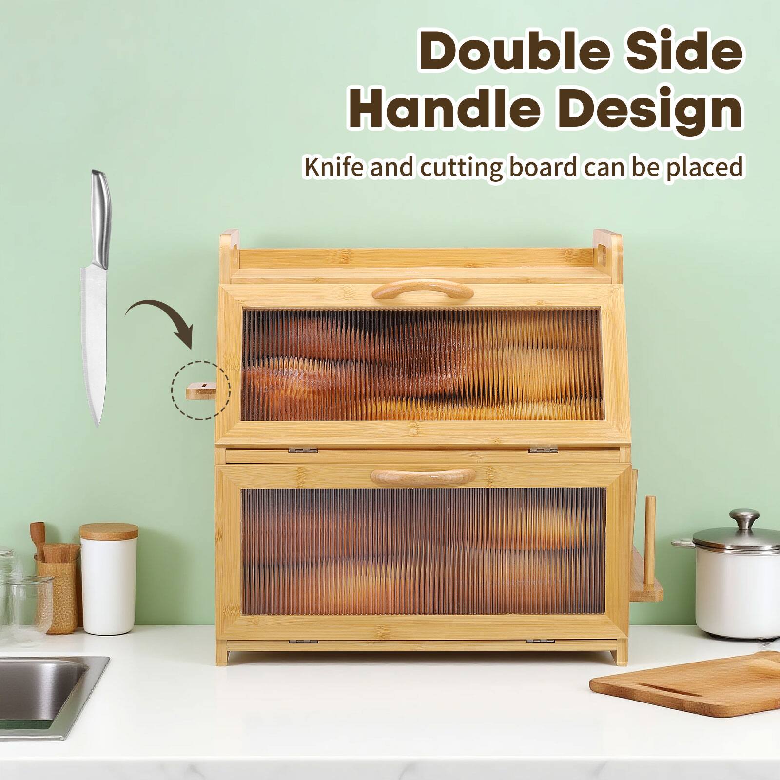 Double Side Handle Design  
Knife and cutting board can be placed