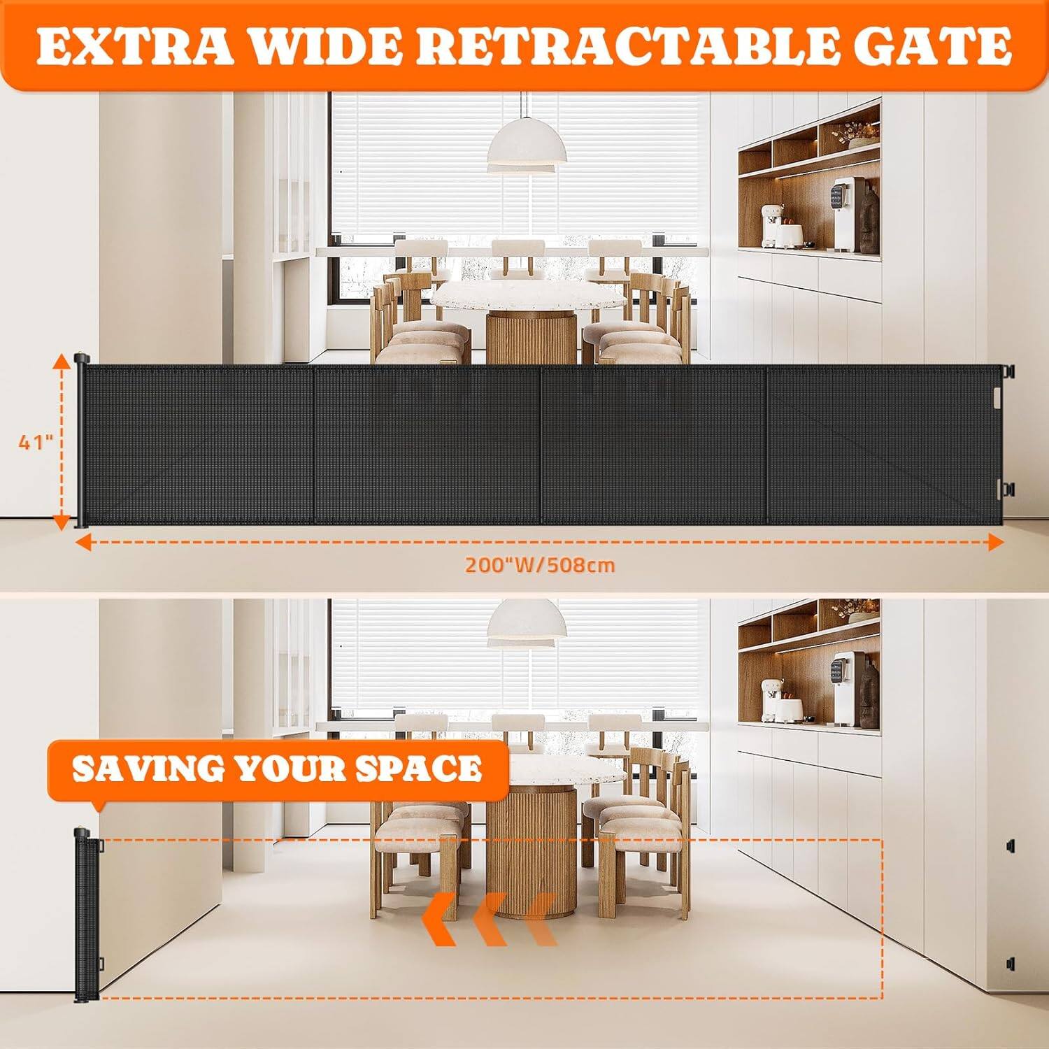 EXTRA WIDE RETRACTABLE GATE 41" 200"W/508cm SAVING YOUR SPACE
