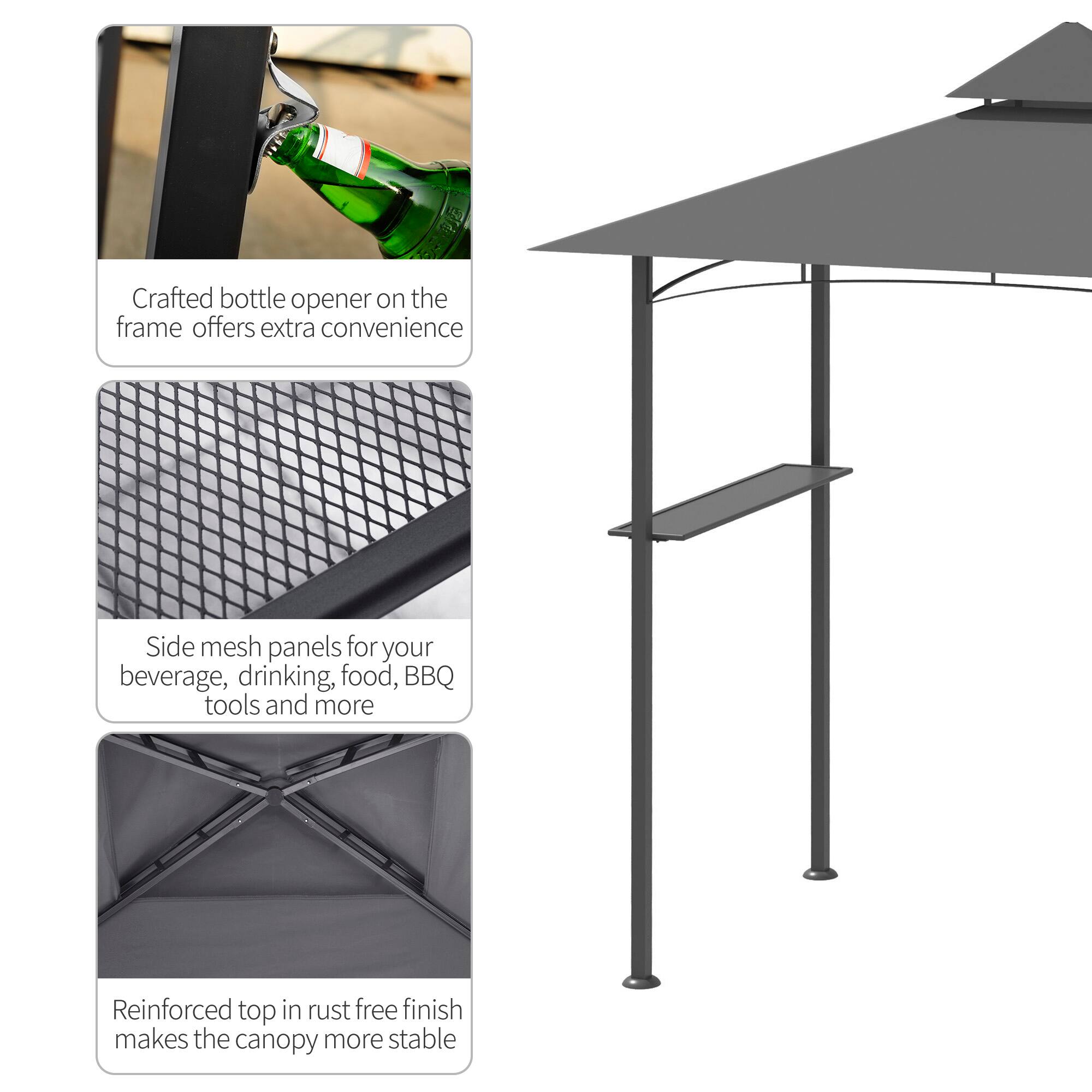 Crafted bottle opener on the frame offers extra convenience, side mesh panels for your beverage, drinking, food, BBQ tools and more, reinforced top in rust free finish makes the canopy more stable