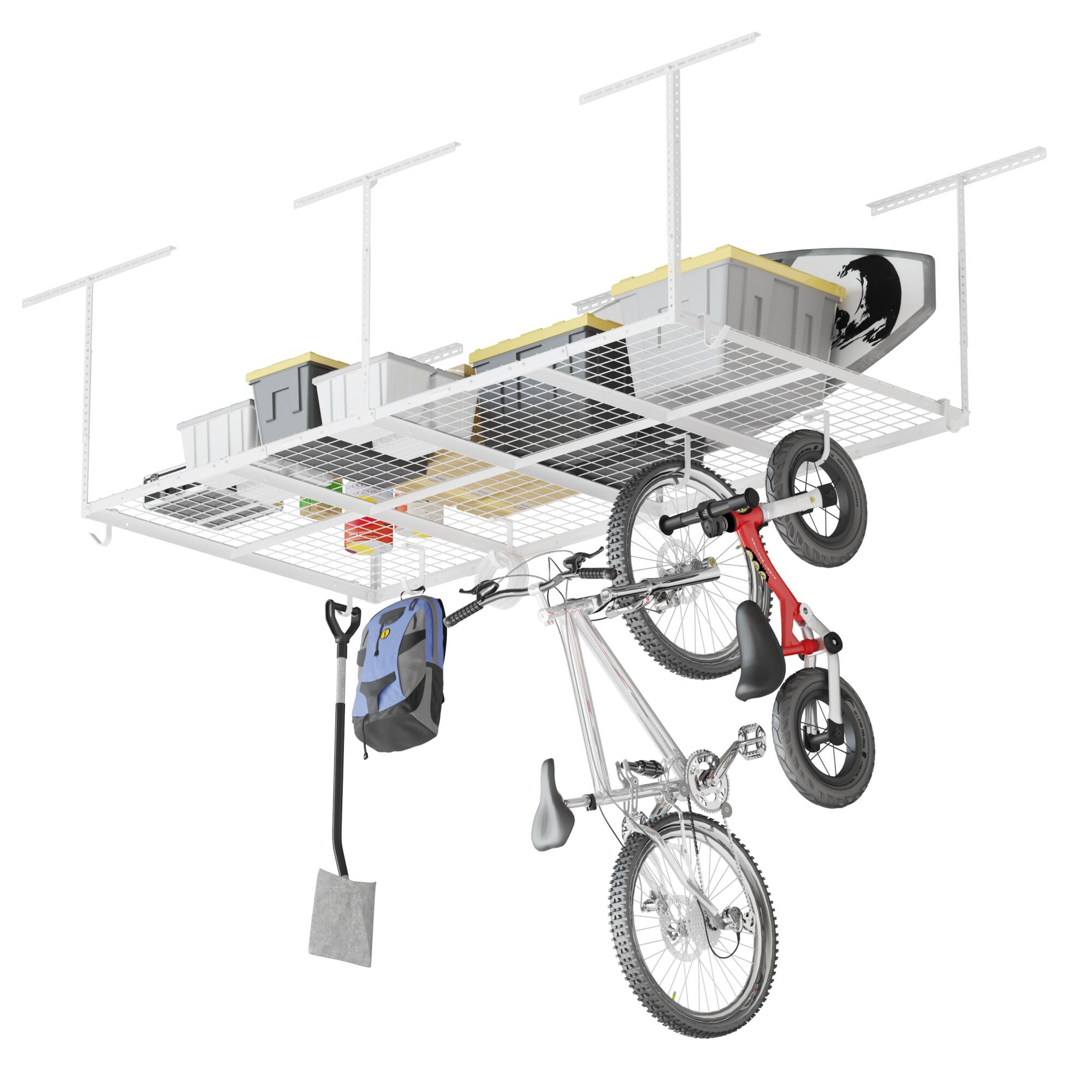 Angle. Fleximounts - OHK Series 48 in. W x 96 in. D x 22-40 in. H Black Ceiling Mounted Overhead Garage Storage Rack with Accessory Hooks - White.