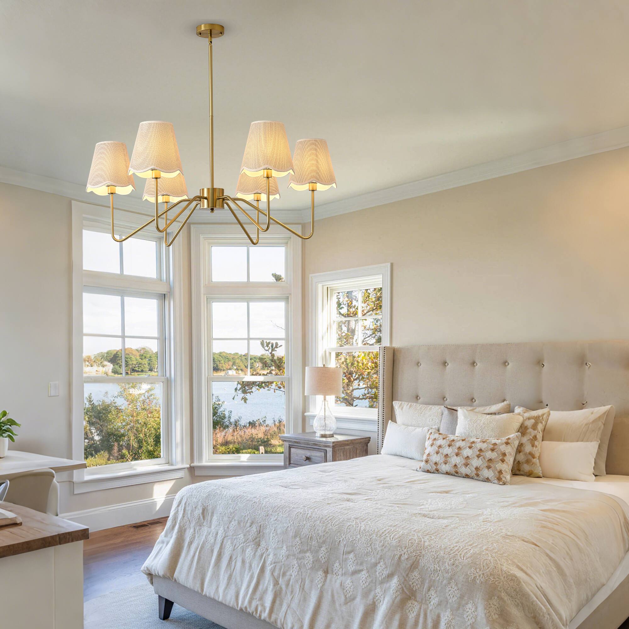 Alt View 2. RYHNUYNE - 6-Light Boho Chandelier with Fabric Shades 40 Inch Large Brass Pendant Light for Dining Room Kitchen Island Dimmable.