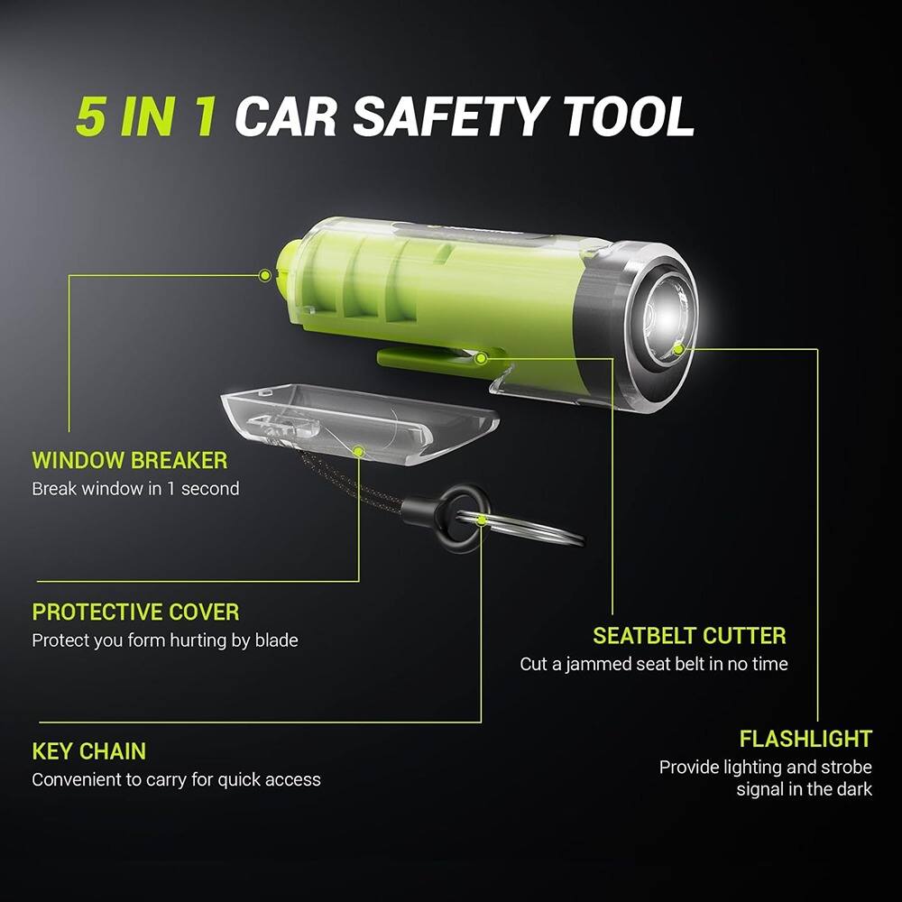 5 IN 1 CAR SAFETY TOOL

- WINDOW BREAKER
  Break window in 1 second

- PROTECTIVE COVER
  Protect you from hurting by blade

- SEATBELT CUTTER
  Cut a jammed seat belt in no time

- KEY CHAIN
  Convenient to carry for quick access

- FLASHLIGHT
  Provide lighting and strobe signal in the dark