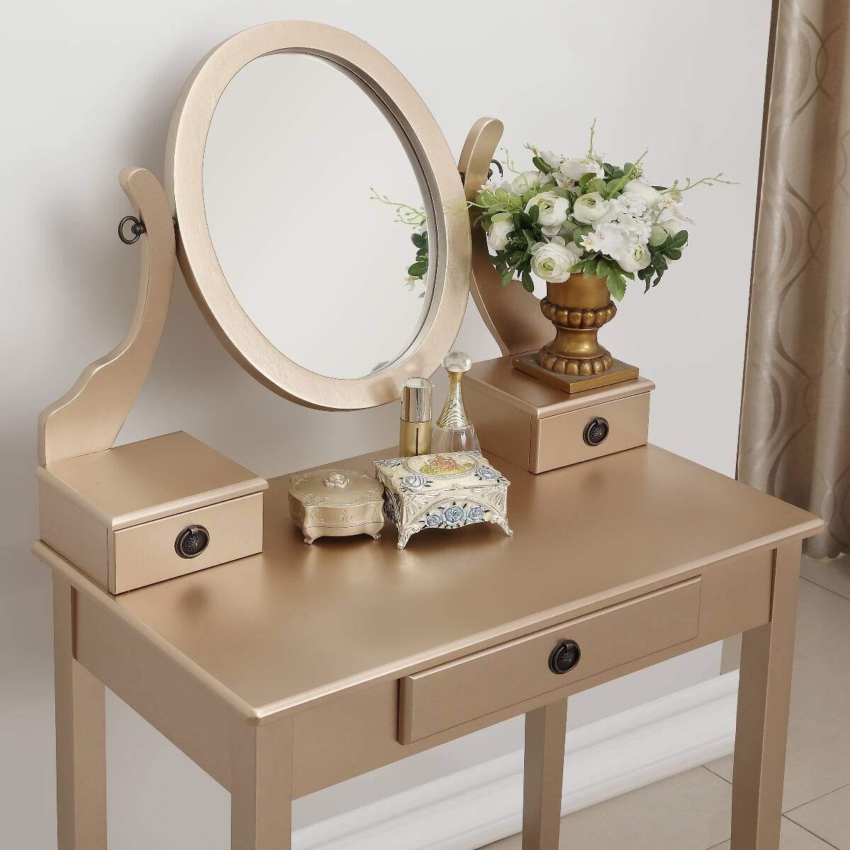 Angle. Loheer - Loheer Gold Makeup Vanity Set with Stool, Wood Table and Adjustable Oval Mirror - Gold.