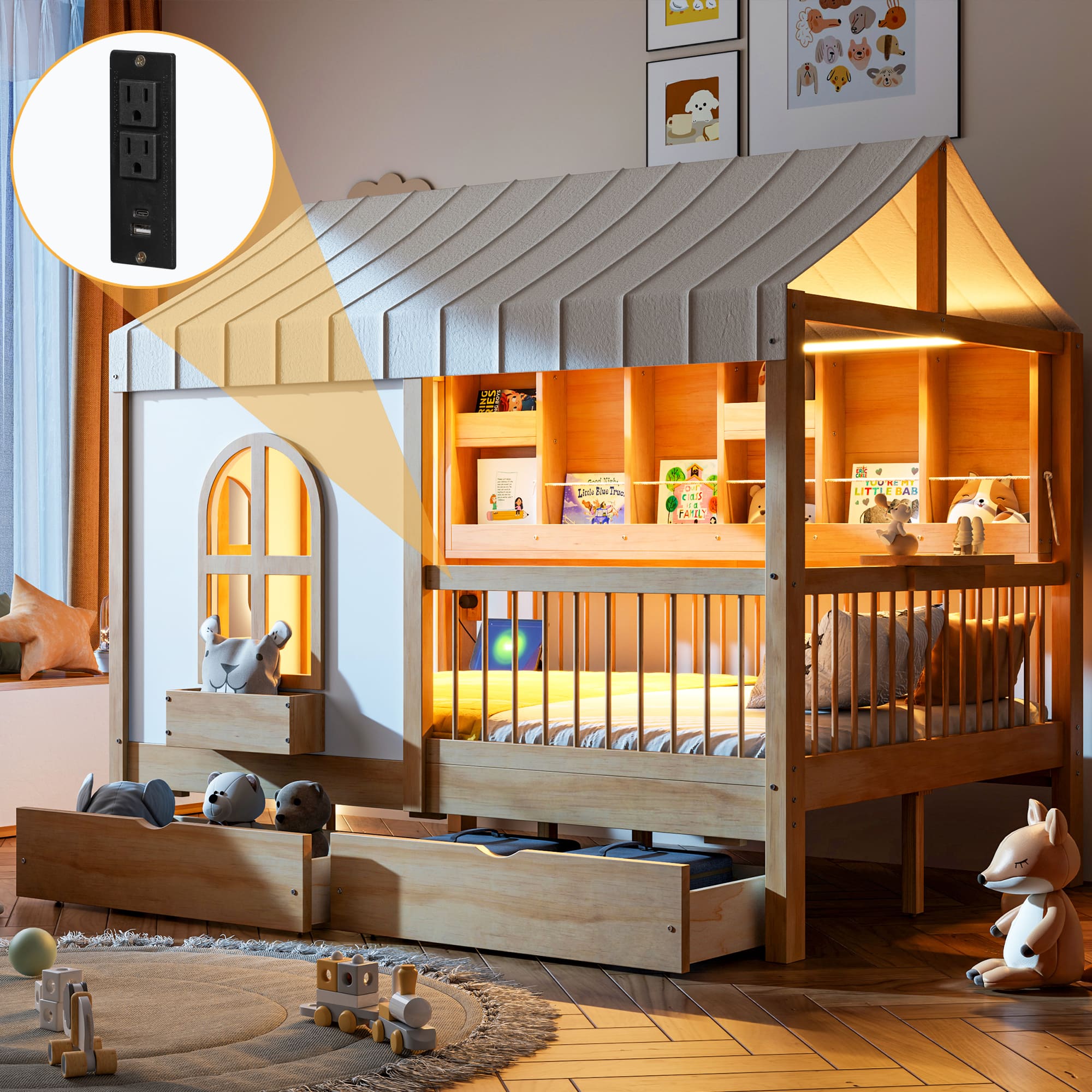 Anysun - Full Size House Bed with 2 Large Drawers, Side Bookshelf with LED Strip - Natural