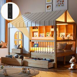 Anysun - Full Size House Bed with 2 Large Drawers, Side Bookshelf with LED Strip - Natural