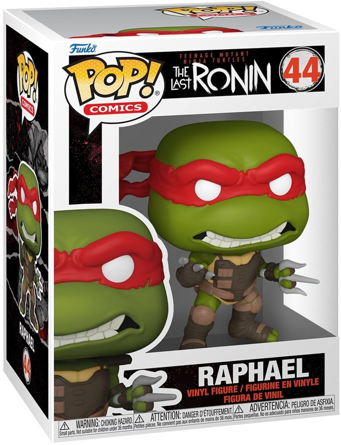 Sure, here is the corrected and grouped text from the image:

---

**Funko POP! COMICS**

**TEENAGE MUTANT NINJA TURTLES**  
**THE RONIN**  
**LAST**

**44**

**RAPHAEL**  
**VINYL FIGURE / FIGURINE EN VINYLE / FIGURA DE VINIL**

**WARNING: CHOKING HAZARD**  
**ATTENTION: DANGER D'ÉTOUFFEMENT**  
**ADVERTENCIA: PELIGRO DE ASFIXIA**  
**Small parts. Not suitable for children under 36 months.**  
**Petites pièces. Ne convient pas aux enfants de moins de 36 mois.**  
**Partes pequeñas. No es adecuado para niños menores de 36 meses.**

---

This text is organized to reflect the information on the packaging.