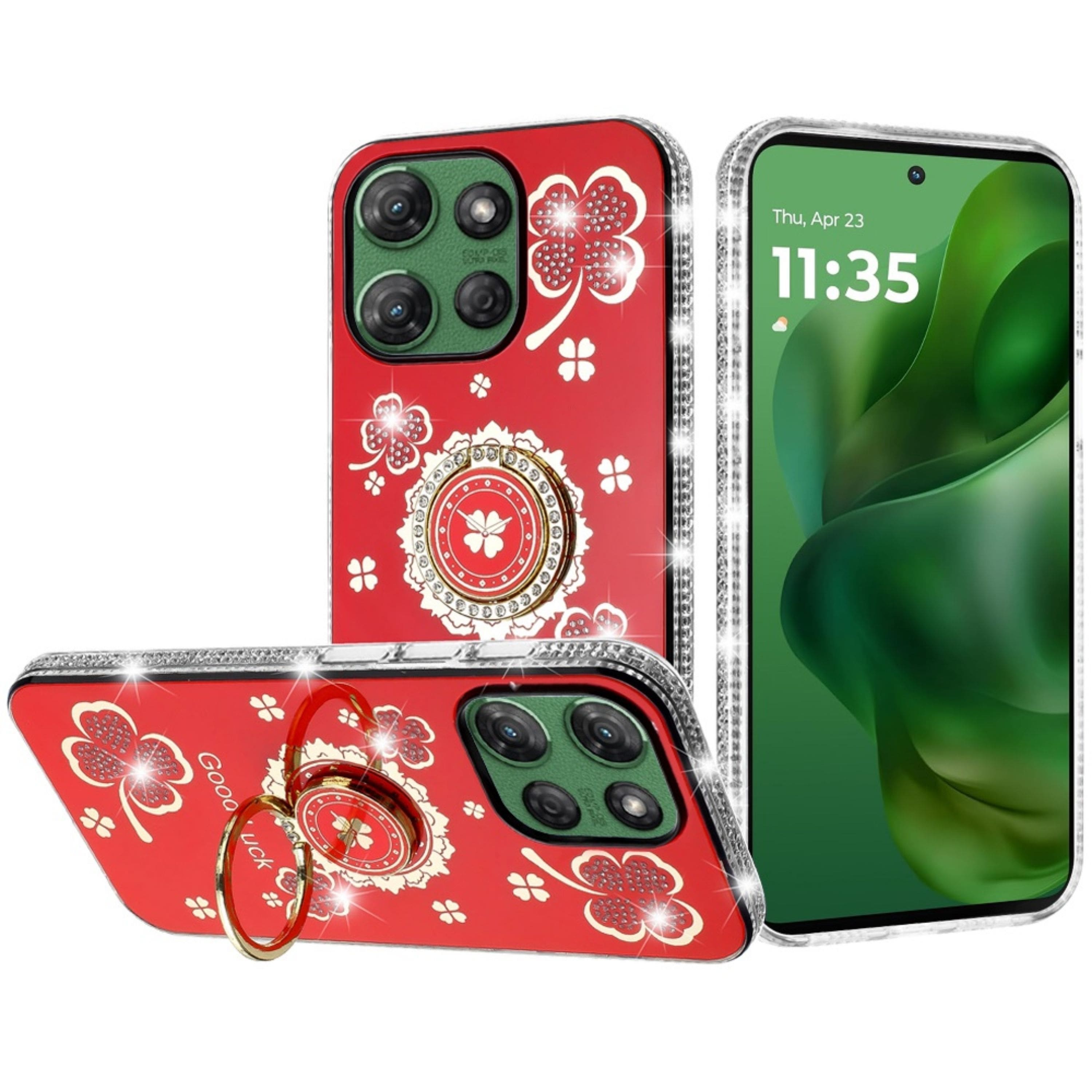 Kitcheniva - Elegant Clover Crystal Ring Case With Tempered Glass For Moto G Power 2025/2026 - Red