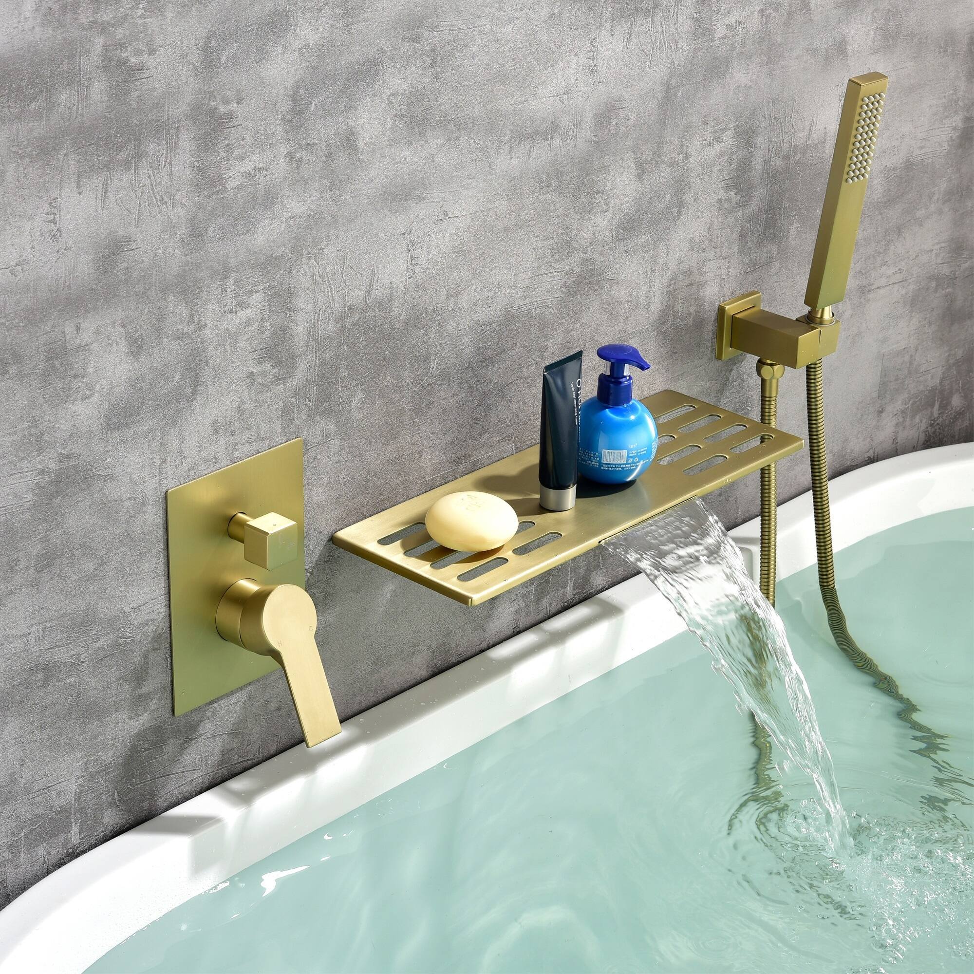 Alt View 3. Boyel Living - Brushed Gold Wall Mount Bathtub Faucet Brass SUS304 2-Function Valve Handheld 60-Inch Steel Hose cUPC - Brushed Gold.