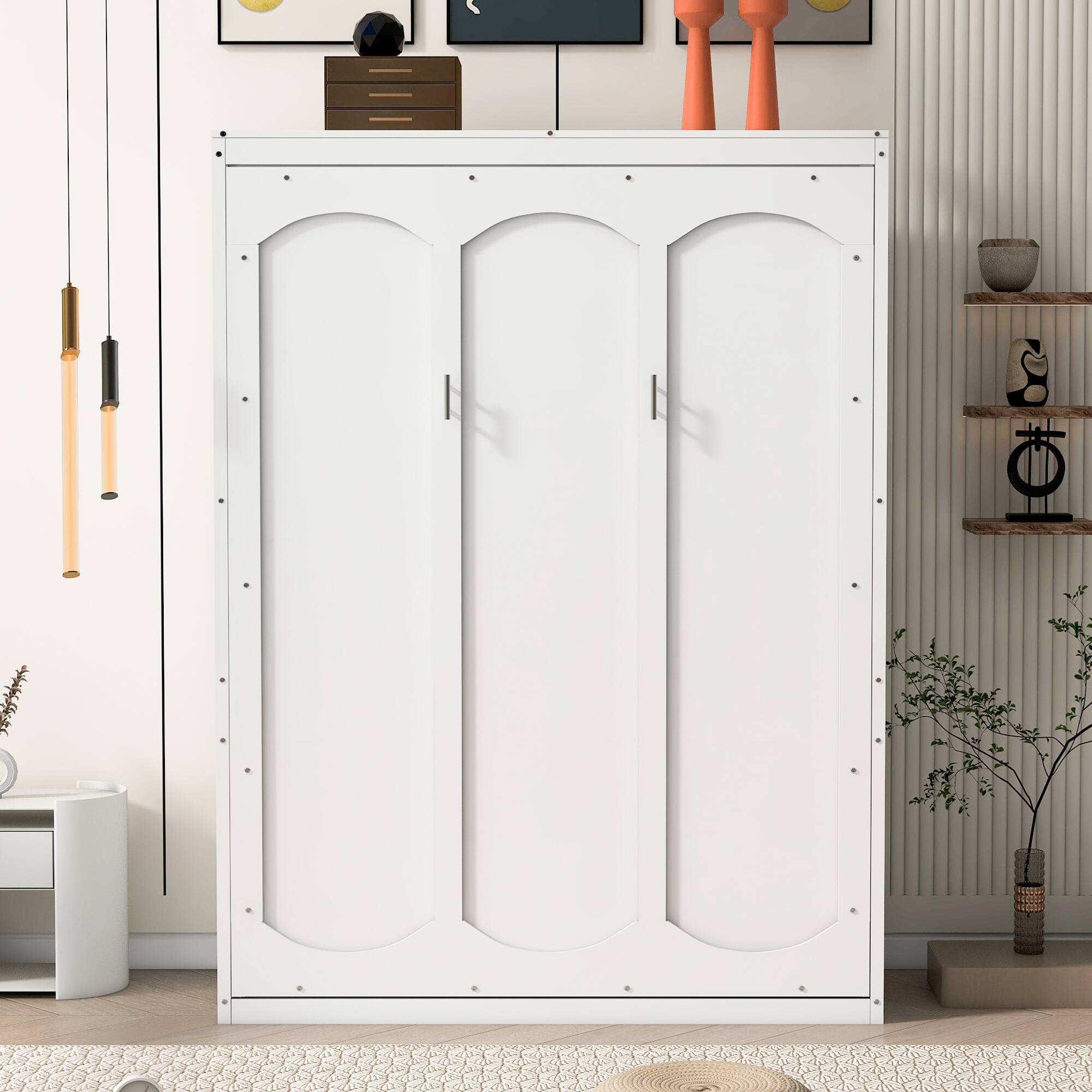 Angle. Tiramisubest - Full Size White Solid Wood+MDF Murphy Bed with Shelves, 85x61x84 inches, Space-Saving - White.