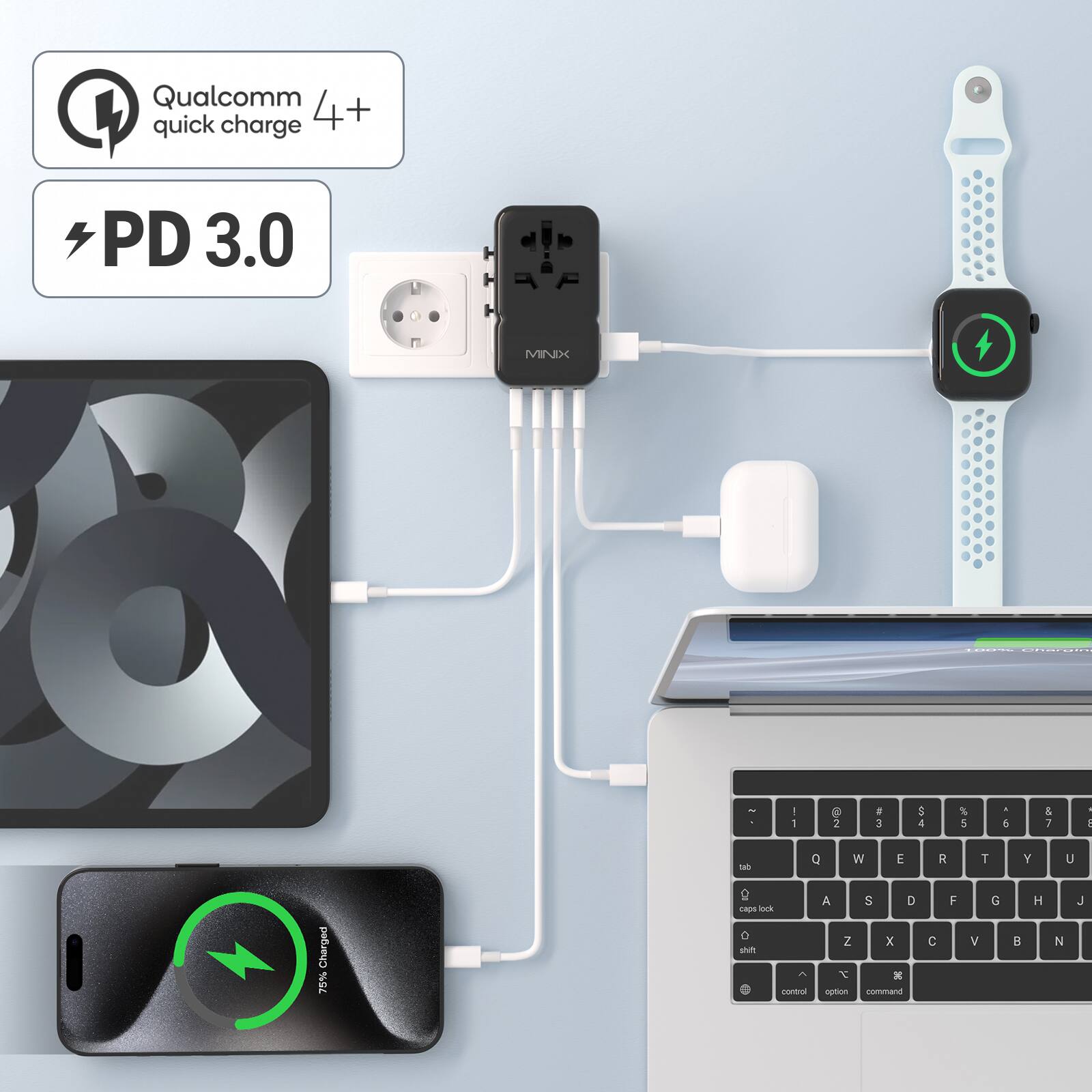 Qualcomm 4+ quick charge PD 3.0 3 Charged 75% MIN | .......... - - a 5% . & & - 2 3 4 S d 1 I a M E R T Y U - 2 S D F G H A J CAp ws O 2 x C V a N wn 7 contral vrium