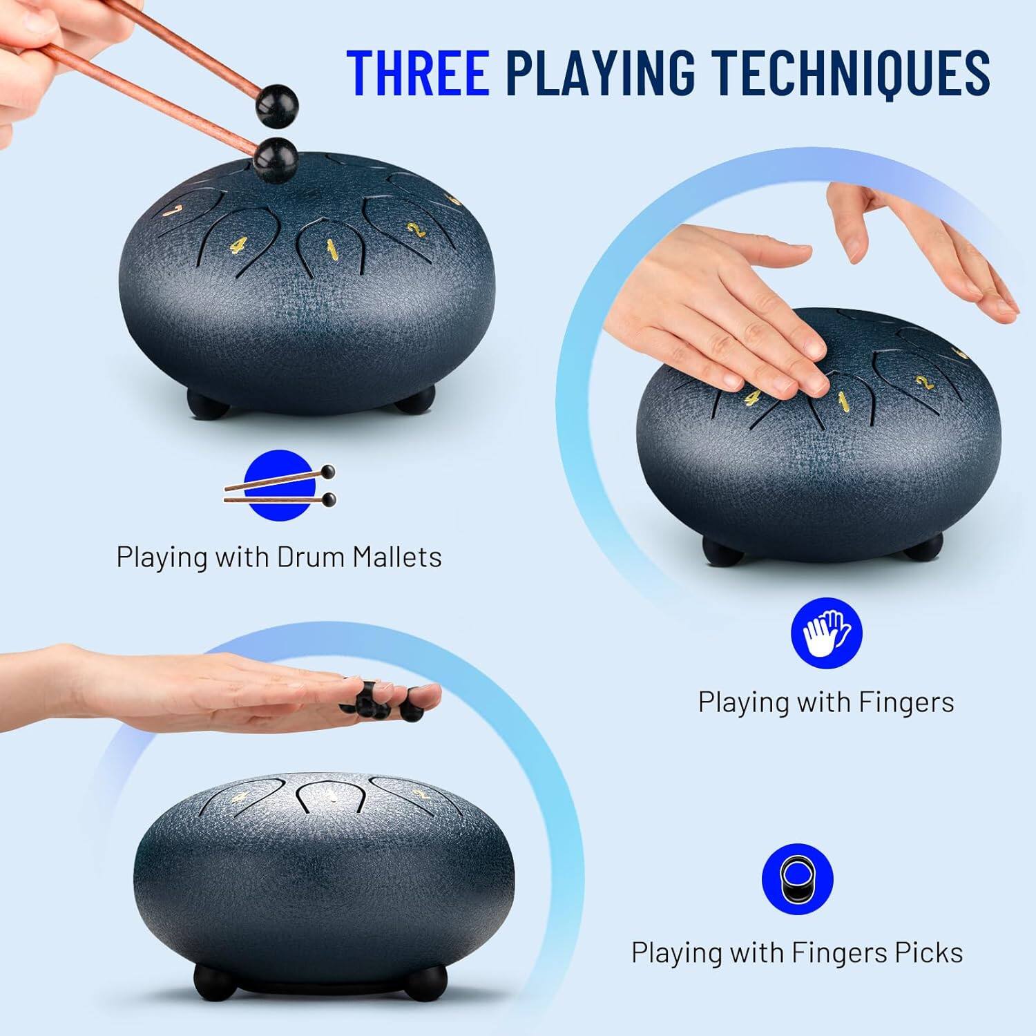 THREE PLAYING TECHNIQUES

Playing with Drum Mallets

Playing with Fingers

Playing with Fingers Picks