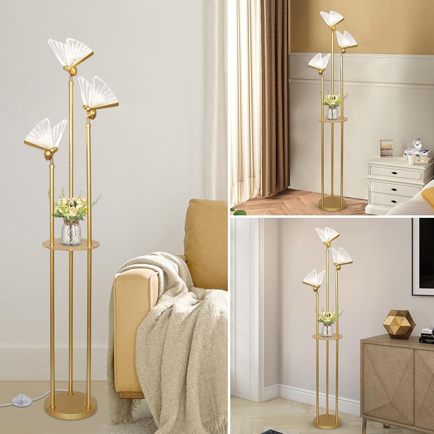 Alt View 2. FINEAK - Gold Floor Lamp with Shelves & Table - 3 Adjustable LED Butterfly Lights ,Brass Standing Corner Lamp with On/Off Switch - Gold.