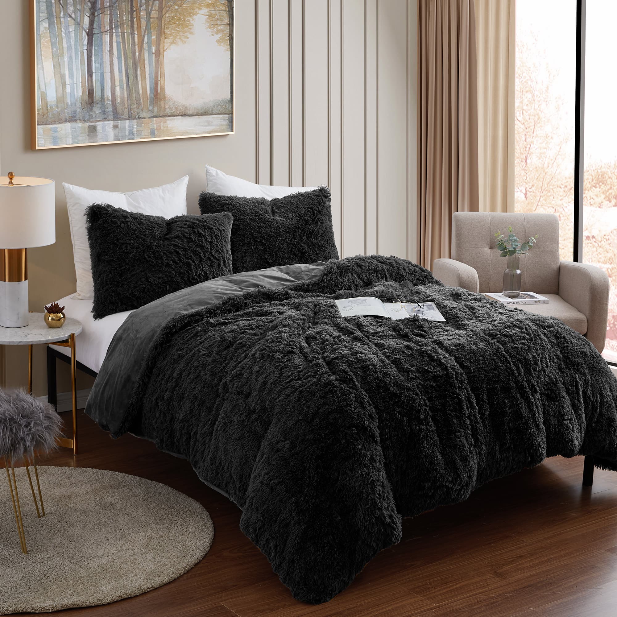 Sweet Home Collection - 3 Piece Plush Shaggy Comforter and Pillow Sham, Ultra Soft Faux Fur Decorative Bedding - Queen - Black