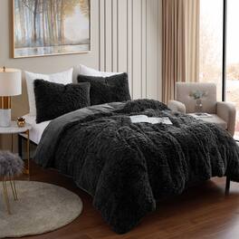 Sweet Home Collection - 3 Piece Plush Shaggy Comforter and Pillow Sham, Ultra Soft Faux Fur Decorative Bedding - Queen - Black
