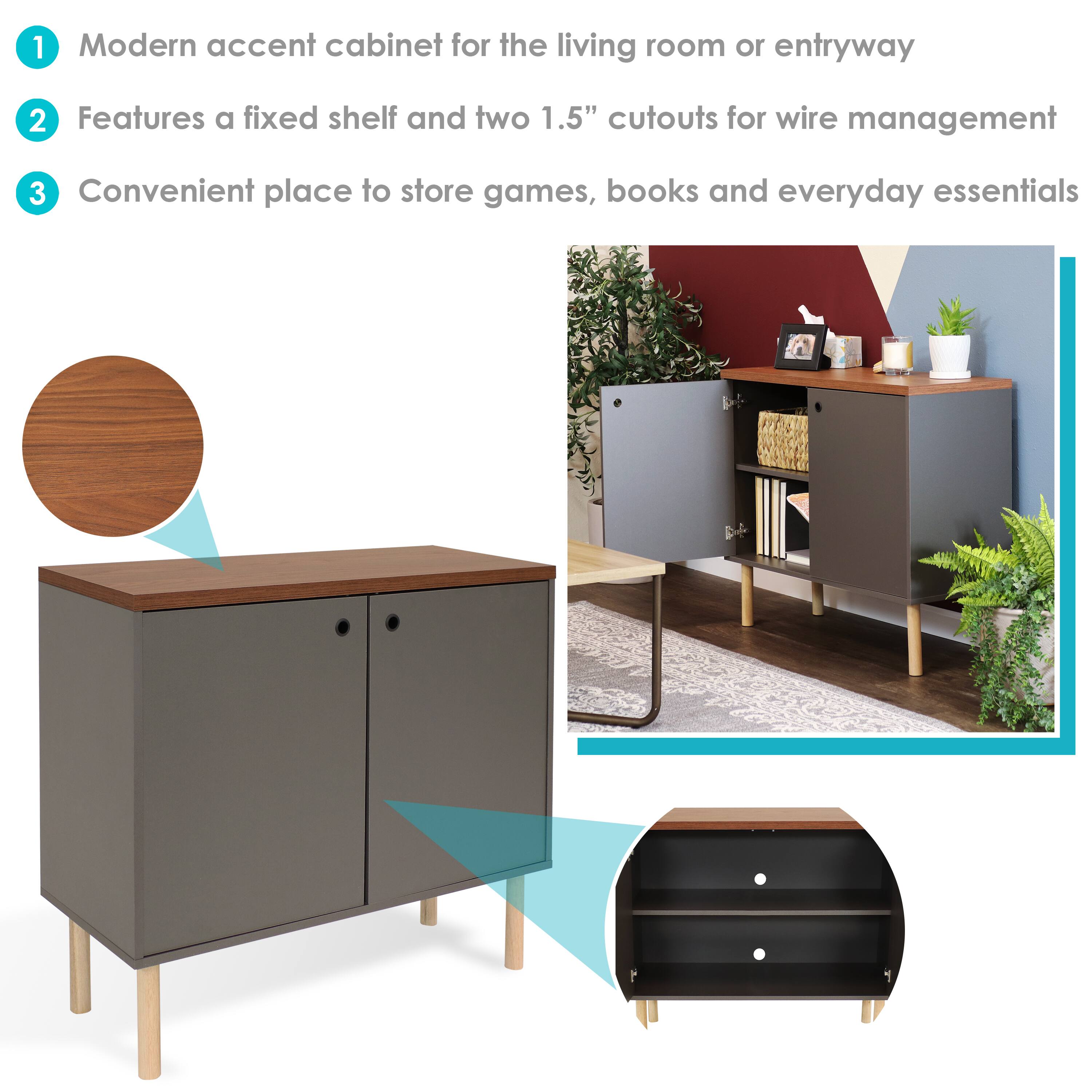 1. Modern accent cabinet for the living room or entryway  
2. Features a fixed shelf and two 1.5" cutouts for wire management  
3. Convenient place to store games, books, and everyday essentials