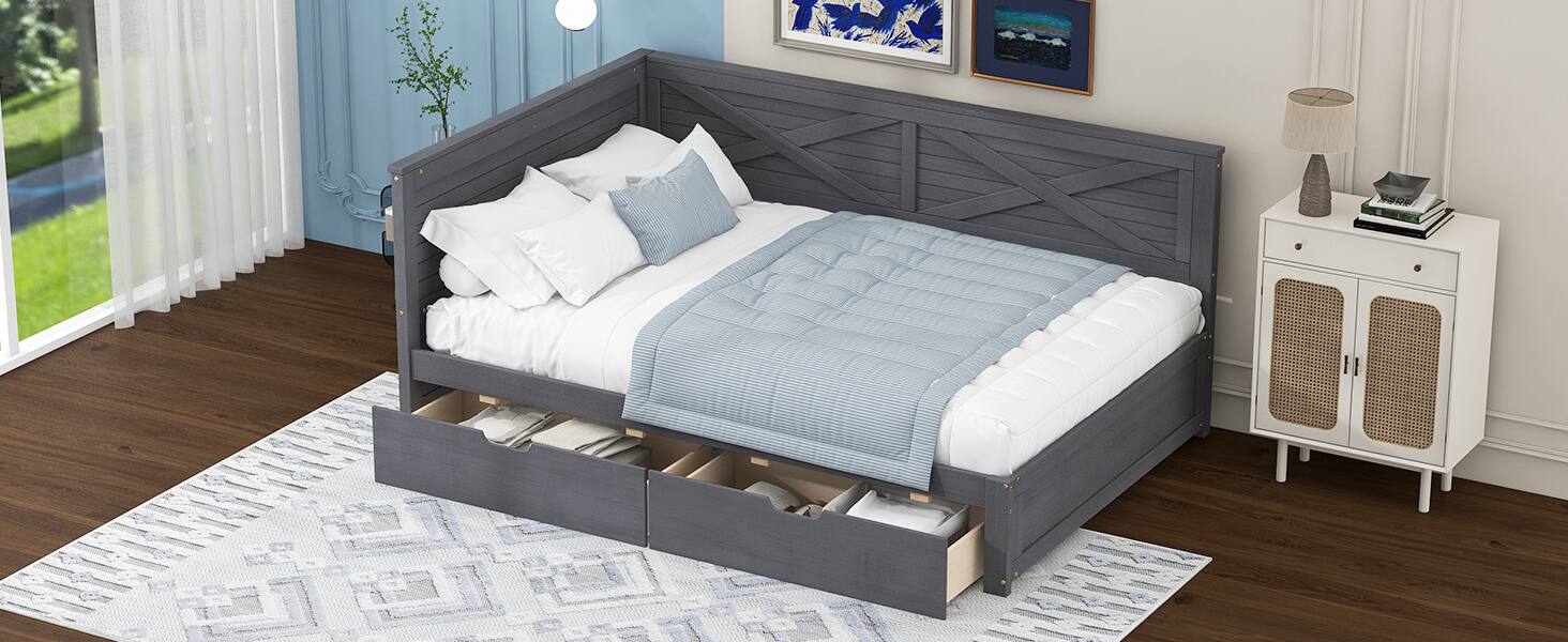 Alt View 2. Tiramisubest - Twin Size Wood Daybed with 2 Drawers and Rustic Guardrail, Ancient Grey - Grey.