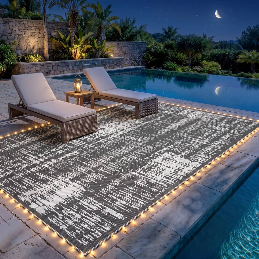 Grey Rug String Outsunny Outdoor Rug Carpet with LED Lights, Carry Bag & Ground Stakes ...