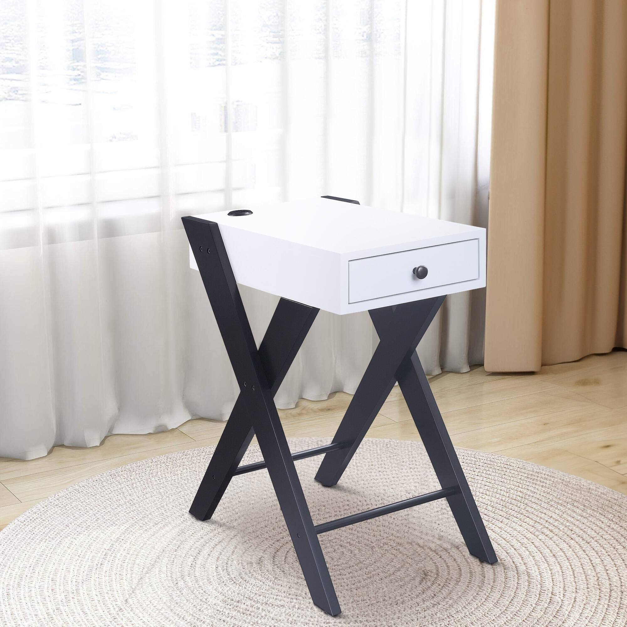 Alt View 5. Manhattan Lane - Wooden Frame Side Table with X Shaped Legs and 1 Drawer - White and Black.