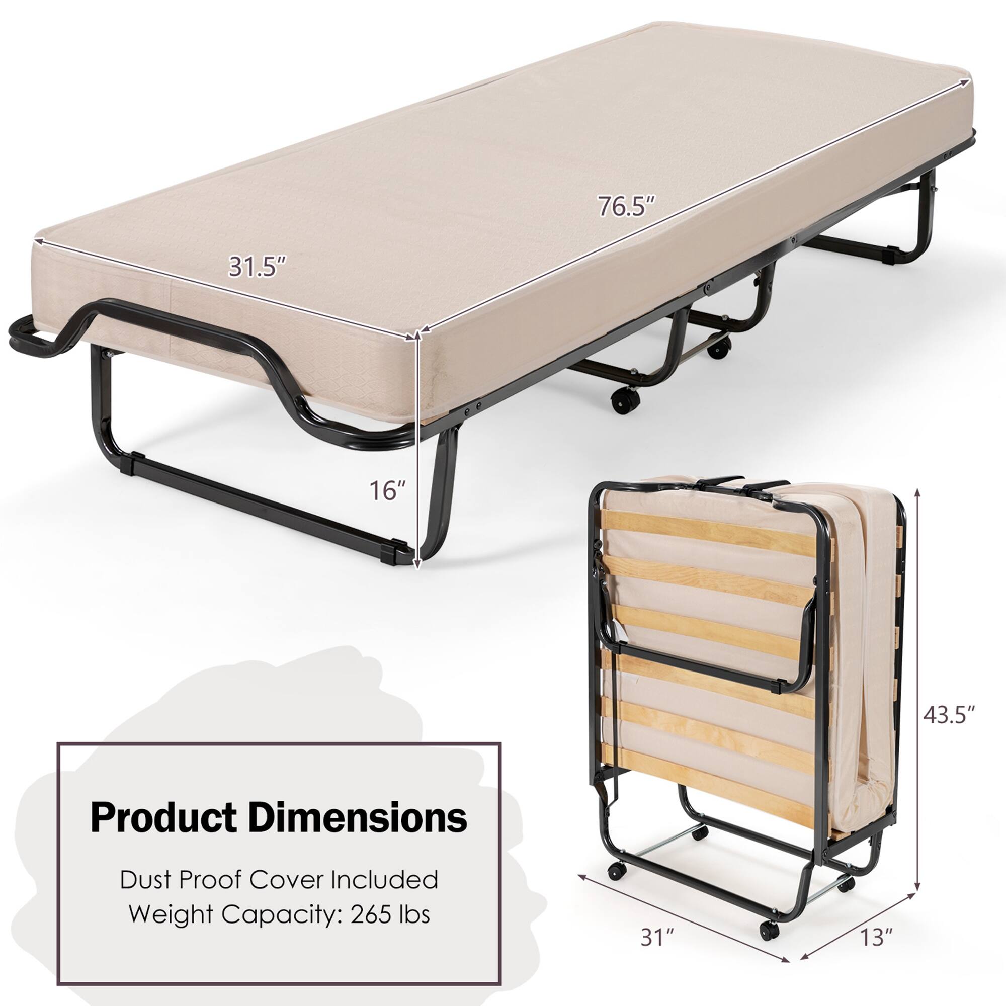 Product Dimensions: 76.5" x 31.5" x 16", 43.5" x 31" x 13"
Dust Proof Cover Included
Weight Capacity: 265 lbs