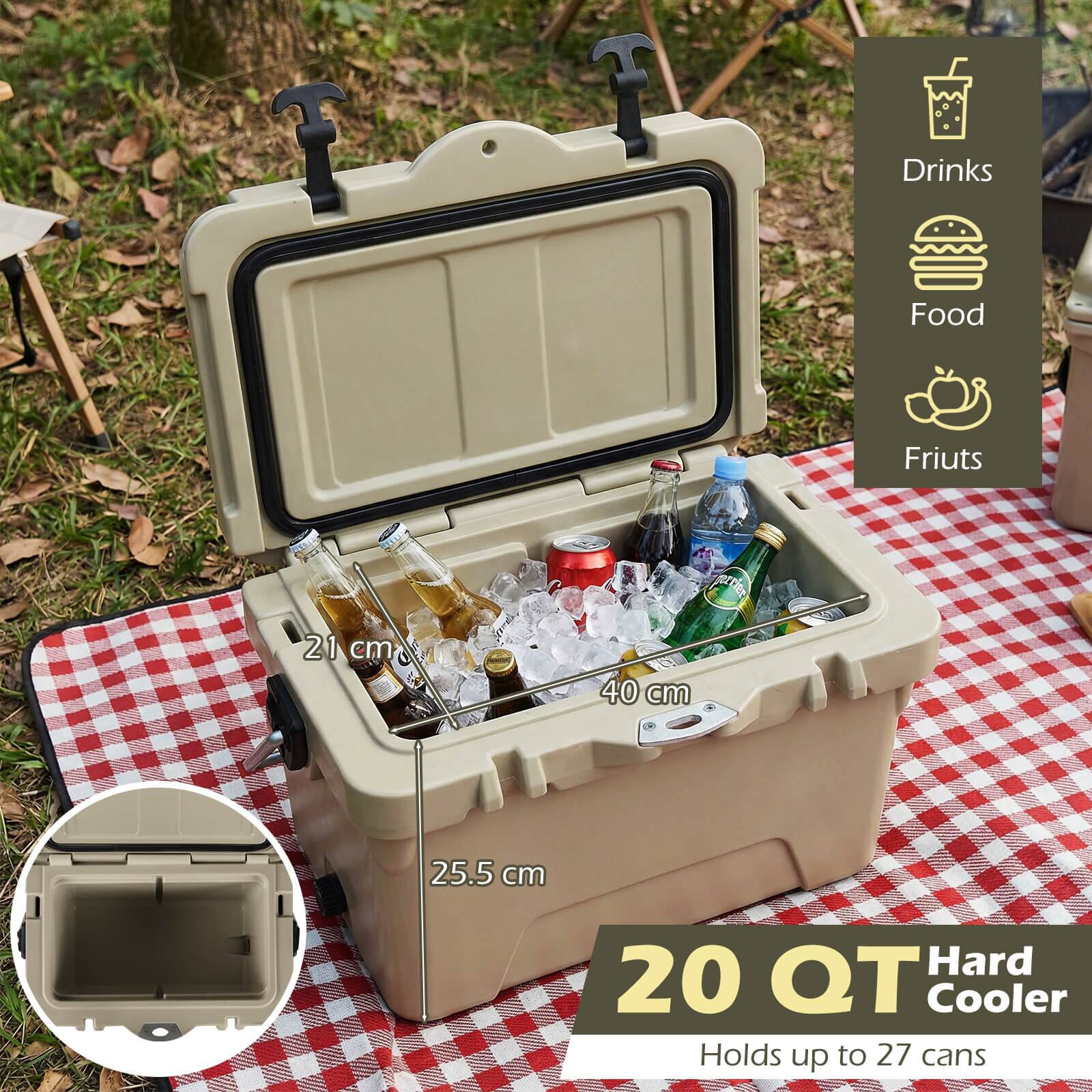 Drinks  
Food  
Fruits  

21 cm  
40 cm  
25.5 cm  

20 QT Hard Cooler  
Holds up to 27 cans