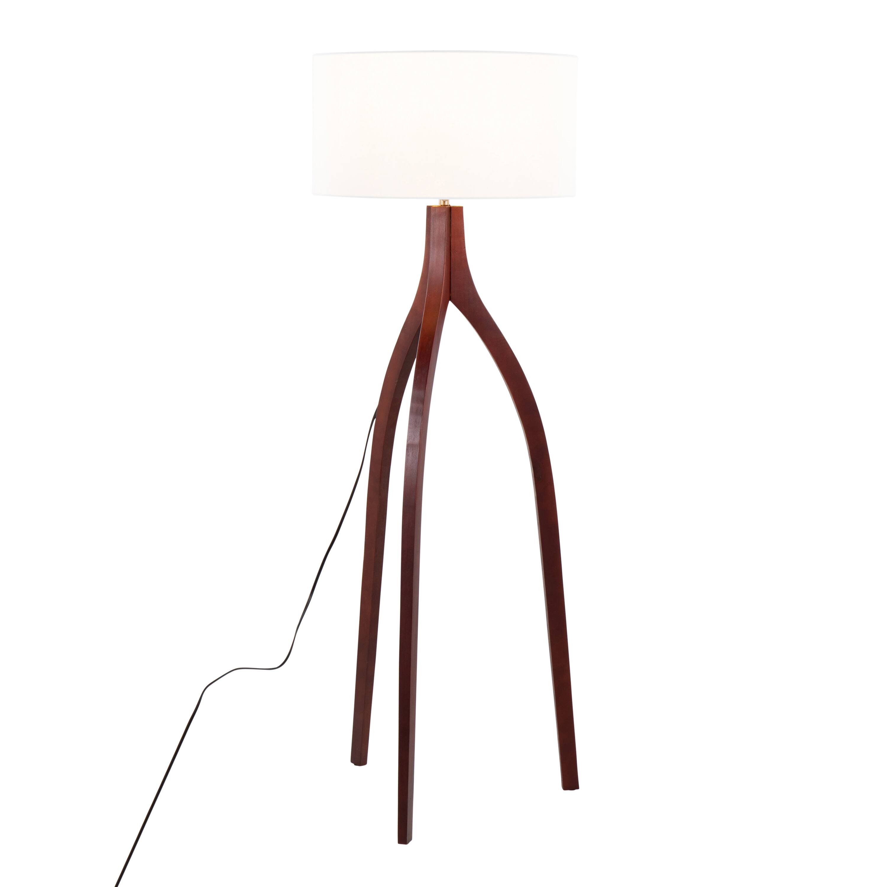 Angle. Loheer - Loheer Wishbone Contemporary Floor Lamp Walnut Wood White Fabric Shade Mid Century Modern Standing Light for Living Room - Walnut.