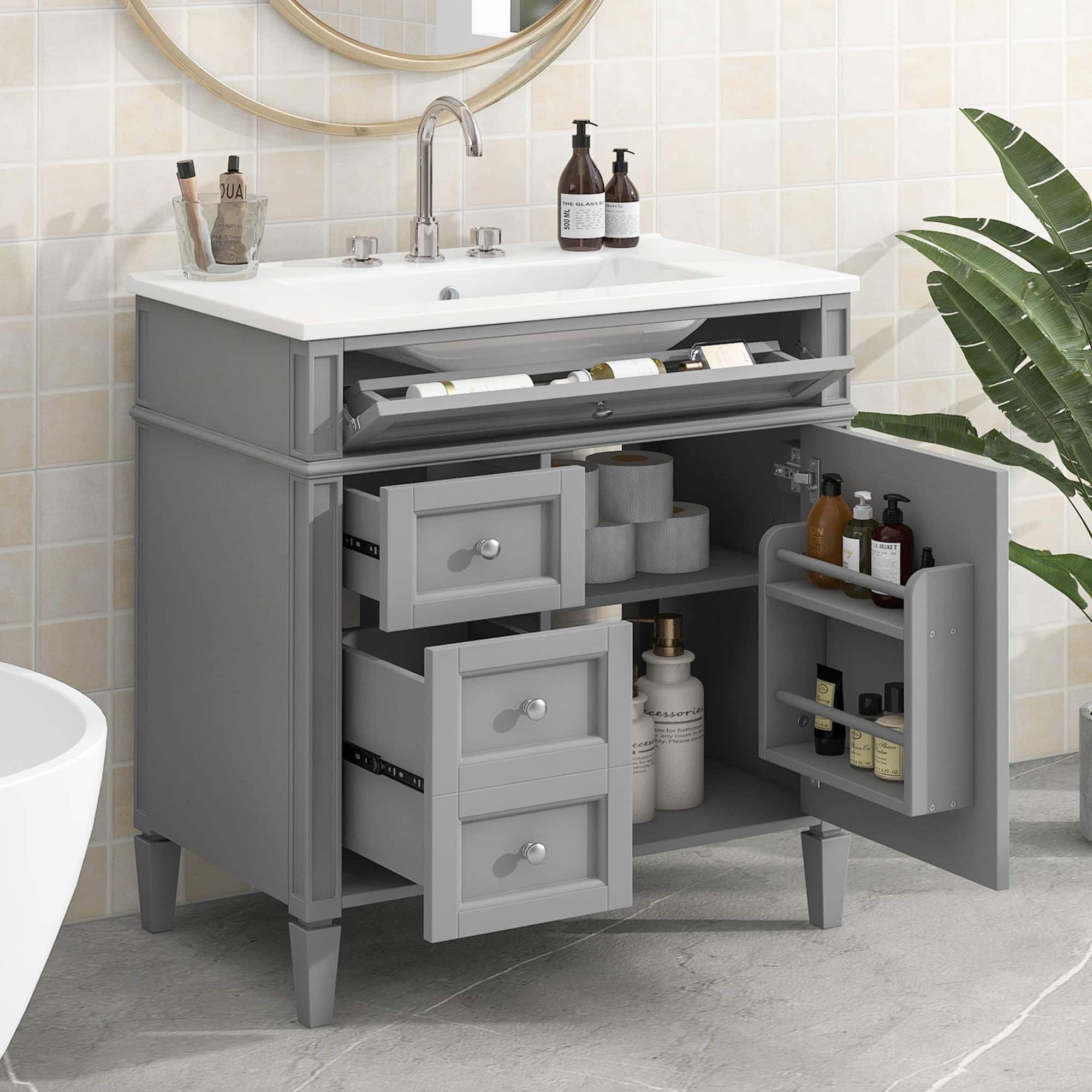 Tiramisubest - 30" Bathroom Vanity with Top Sink, Modern Bathroom Storage Cabinet with 2 Drawers and a Tip-out Drawer - Grey