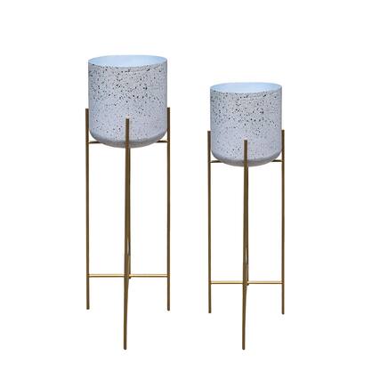 Front. Manhattan Lane - Aira 39, 46" Tall Planters Set of 2 | Gold Foldable Metal Stand | White Speckled Pattern.