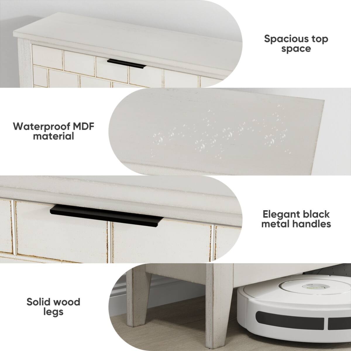 - Spacious top space
- Waterproof MDF material
- Elegant black metal handles
- Solid wood legs