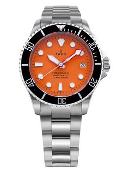 RATIO - FreeDiver Automatic RTF045 Mens Watch Sapphire Crystal Stainless Steel Orange Dial 200M Date Display - Orange/Silver
