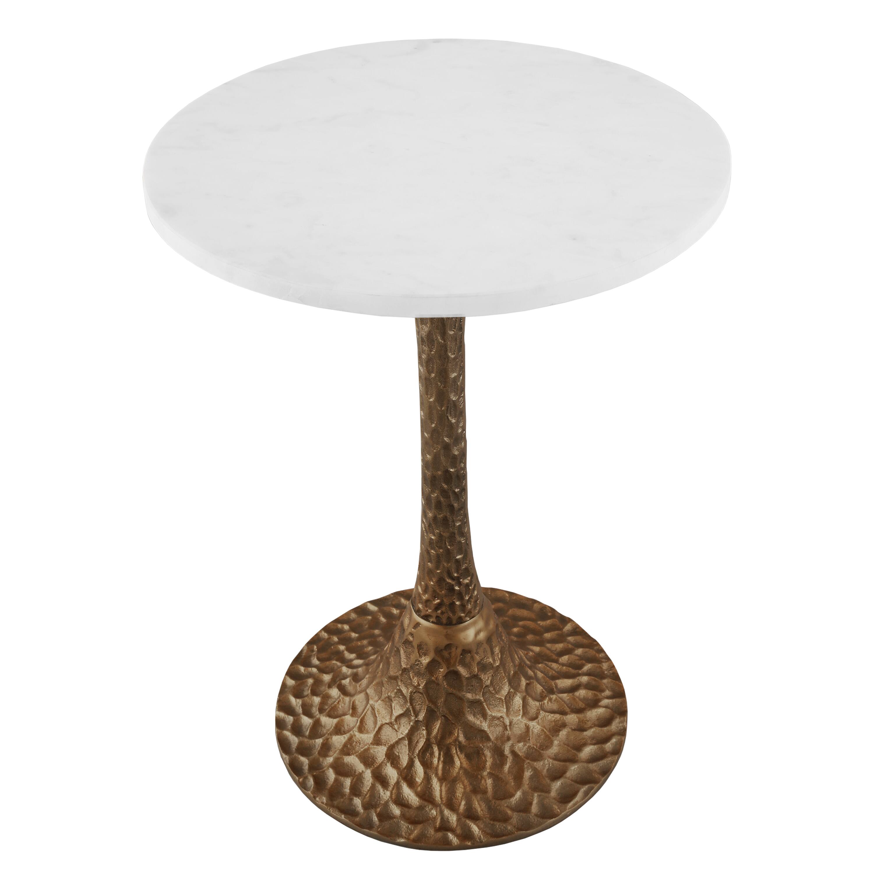 Alt View 1. Manhattan Lane - Accent Side Table, 14.5 Inch Round White Marble Top, Antique Brass Hammered Pedestal Base - Antique Brass, White.