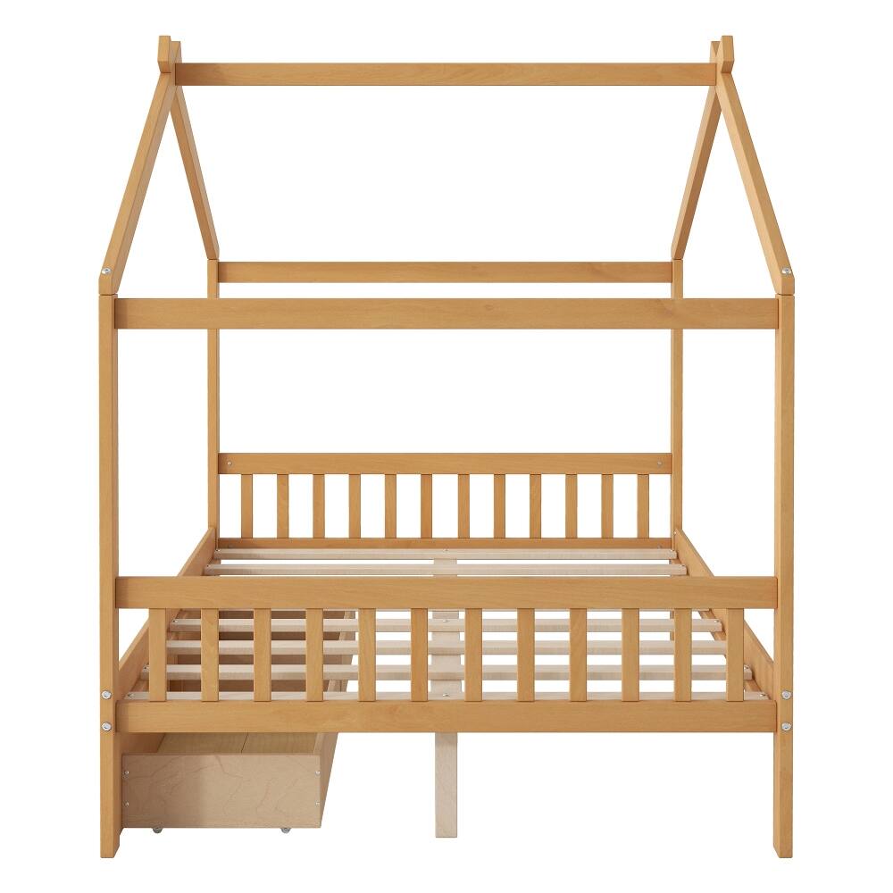 Alt View 10. Loheer - Loheer Full Size House Bed with Drawers, Natural Pine Wood Platform Frame - Natural.