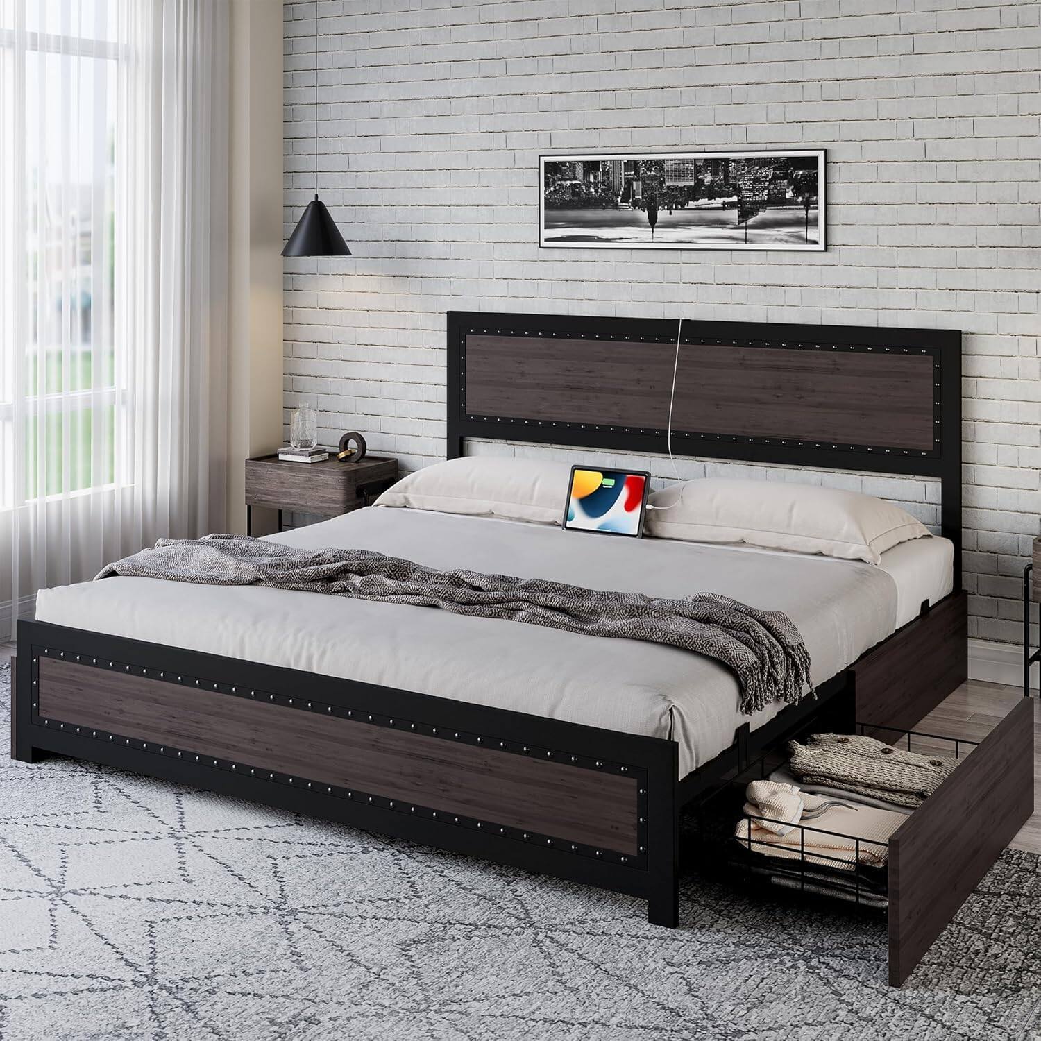 Alt View 2. Qeetex - Upholstered Platform Bed Frame with Headboard and 4 Storage Drawers, Durable Metal Frame, Easy Setup - Grey + 4 Drawers.