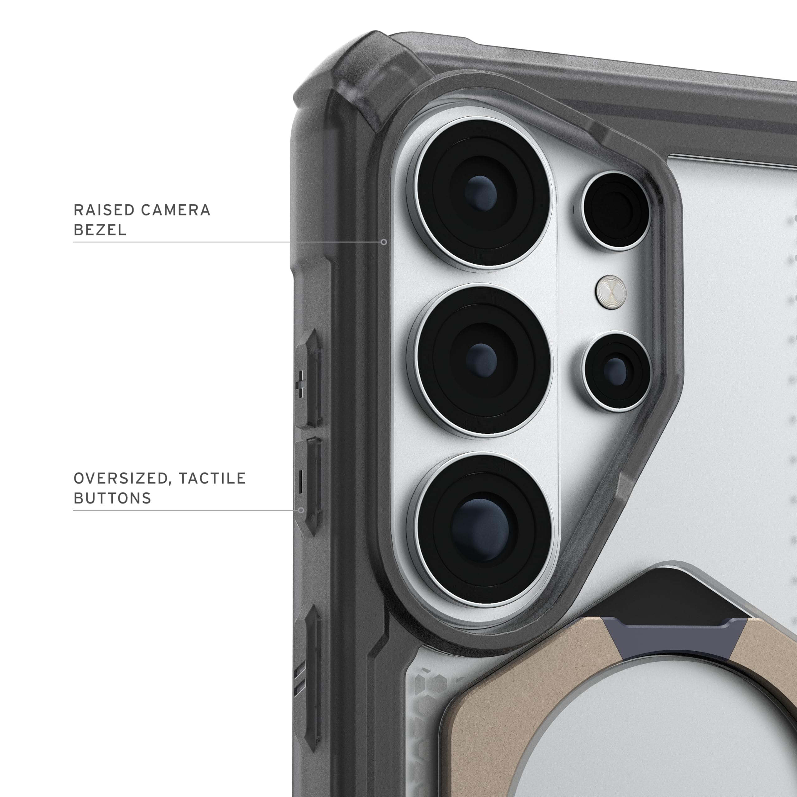 RAISED CAMERA BEZEL  
OVERSIZED, TACTILE BUTTONS