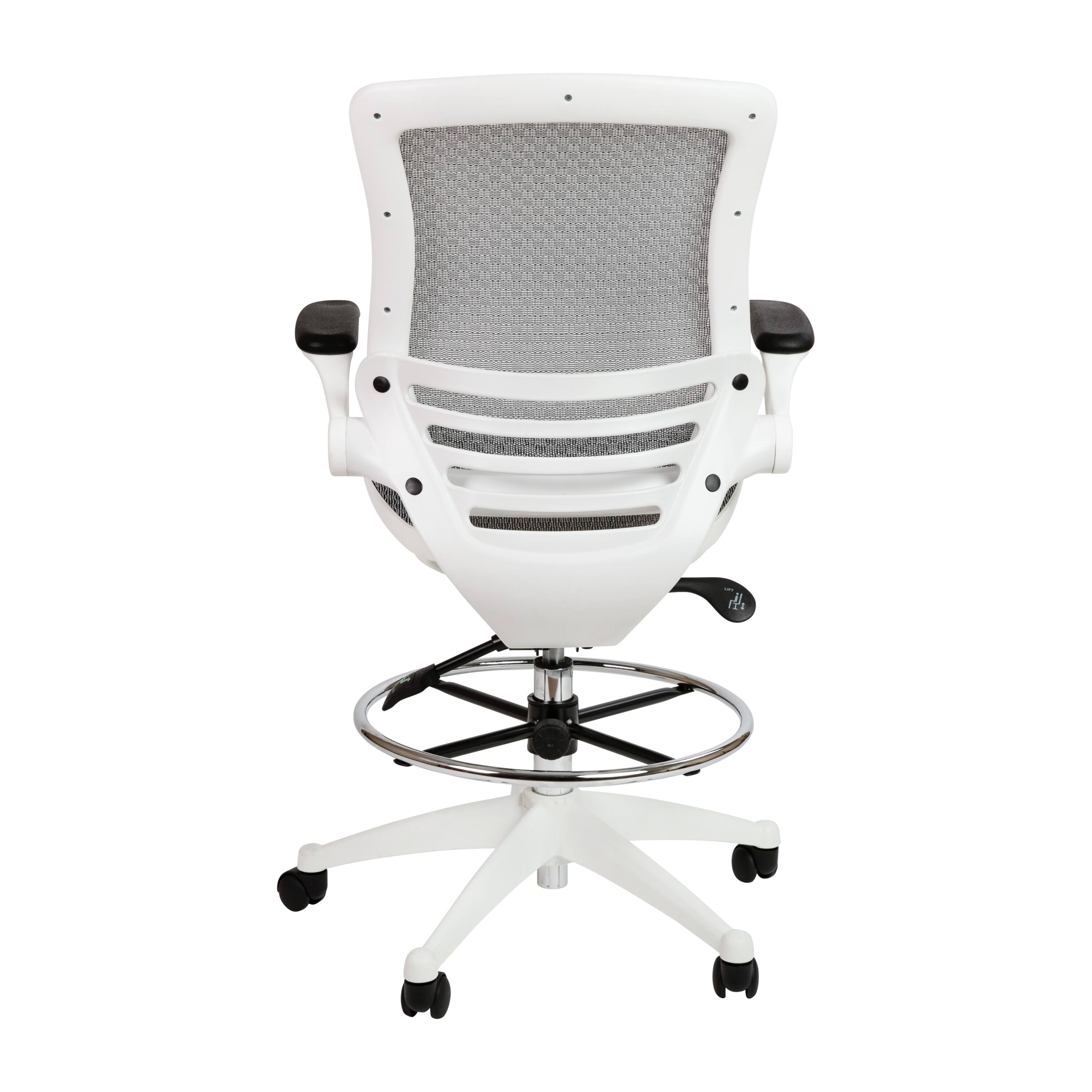 Alt View 5. Emma + Oliver - Mid-Back Transparent Mesh Drafting Chair with Flip-Up Arms - Gray Mesh/White Frame.
