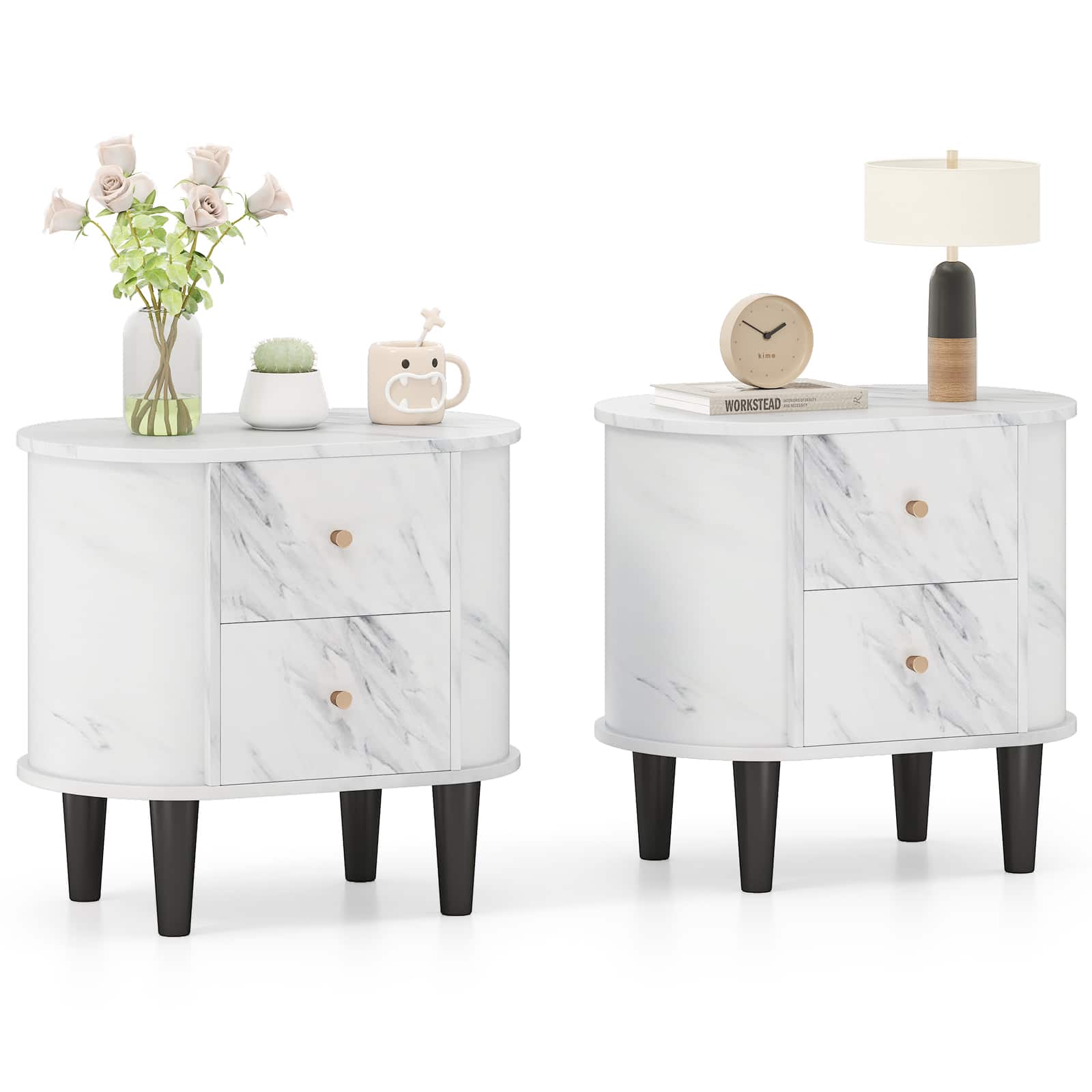 Front. Gymax - Gymax 2PCS Nightstand w/ 2 Drawers Faux Marble Bedside Table for Small Space - White.