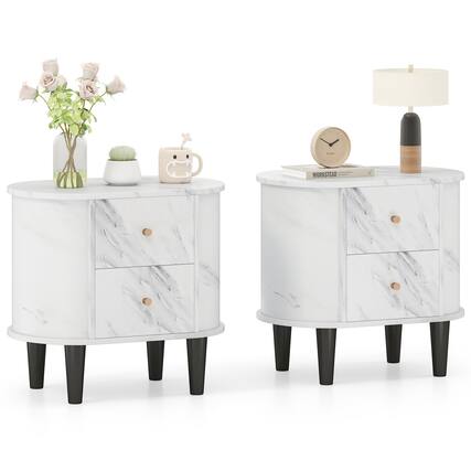 Front. Gymax - Gymax 2PCS Nightstand w/ 2 Drawers Faux Marble Bedside Table for Small Space - White.