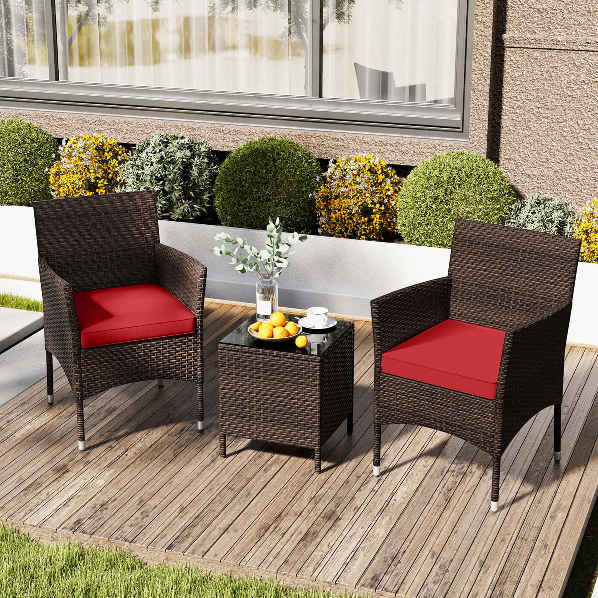 Alt View 3. Costway - 3 PCS Outdoor Conversation Set with Cushioned Seat & Tempered Glass Tabletop - Red,Mix Brown.