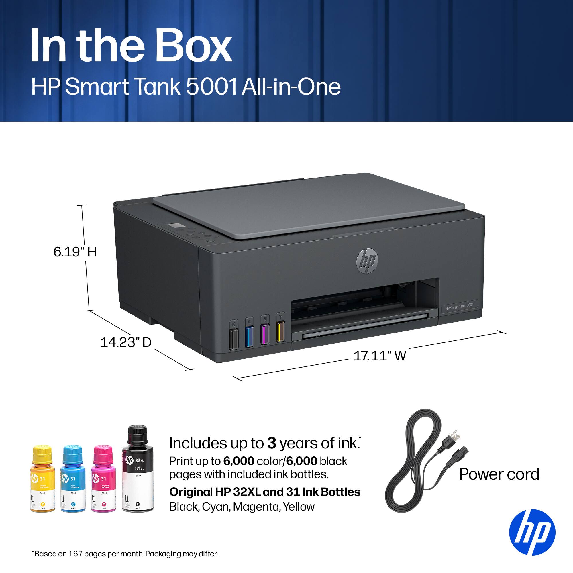 In the Box HP Smart Tank 5001 All-in-One

6.19" H
14.23" D
17.11" W

Includes up to 3 years of ink. Print up to 6,000 color/6,000 black pages with included ink bottles. Original HP 32XL and 31 Ink Bottles: Black, Cyan, Magenta, Yellow

*Based on 167 pages per month. Packaging may differ.

Power cord