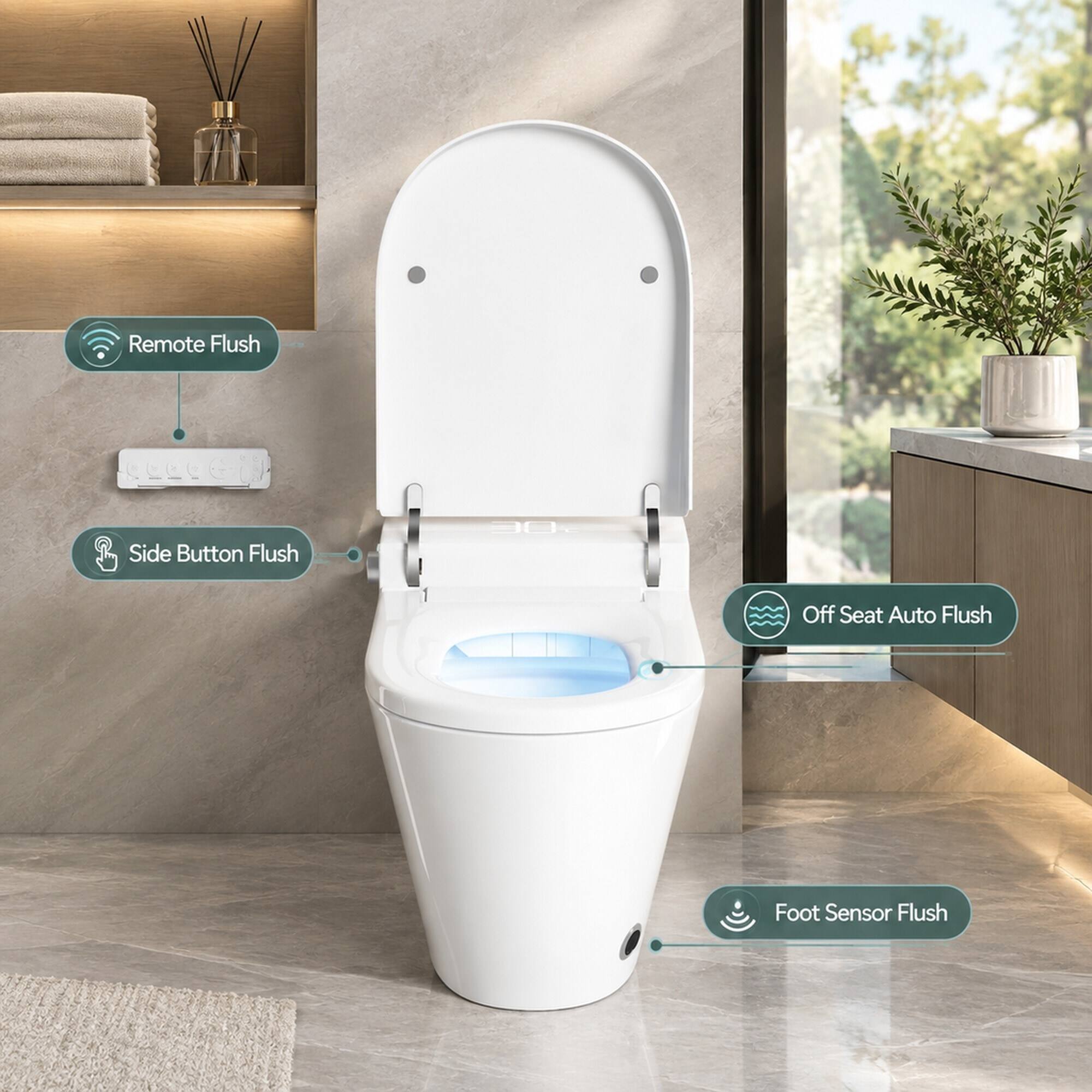 Remote Flush  
Side Button Flush  
Off Seat Auto Flush  
Foot Sensor Flush