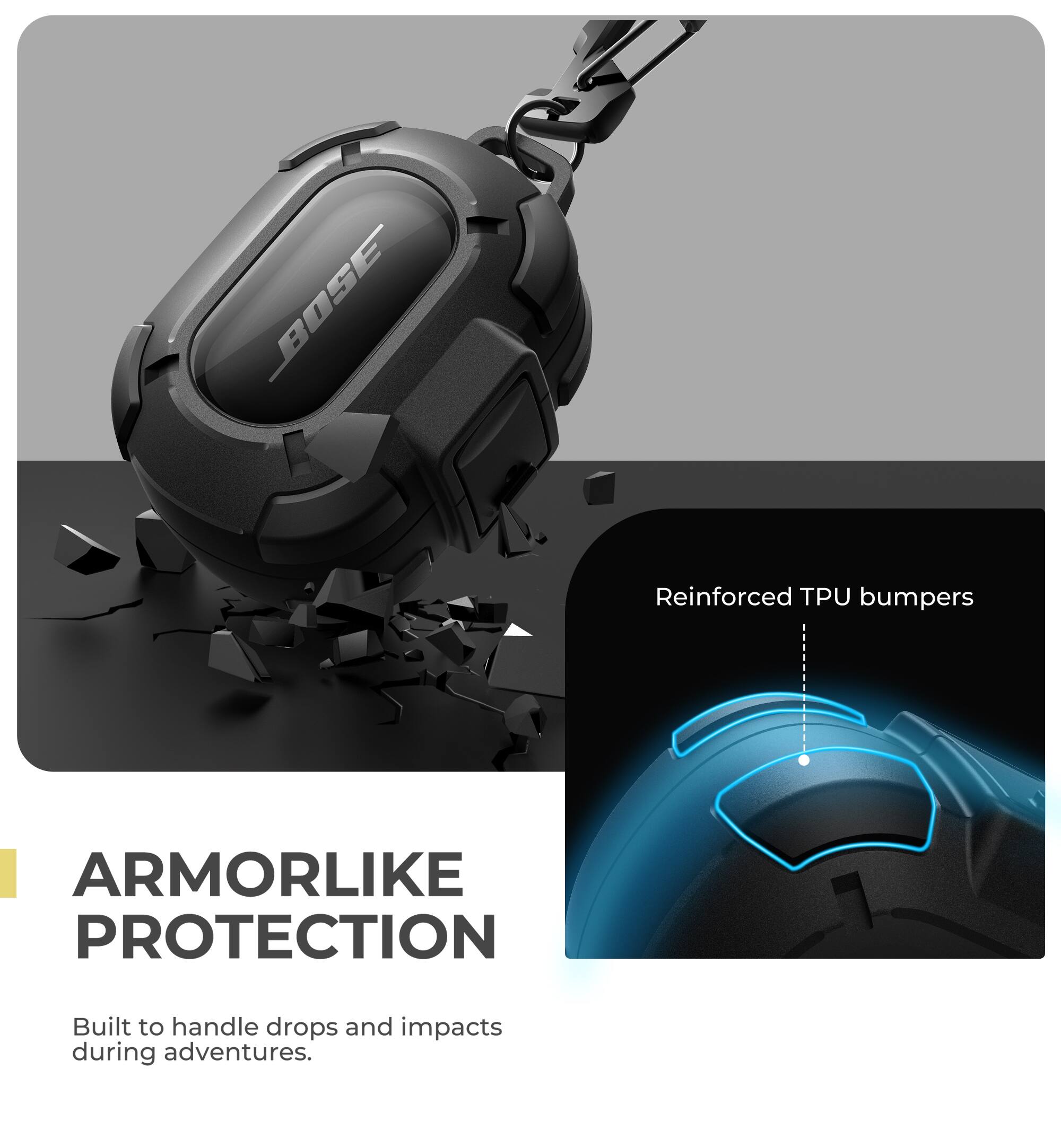 ARMORLIKE PROTECTION  
Built to handle drops and impacts during adventures.  
Reinforced TPU bumpers