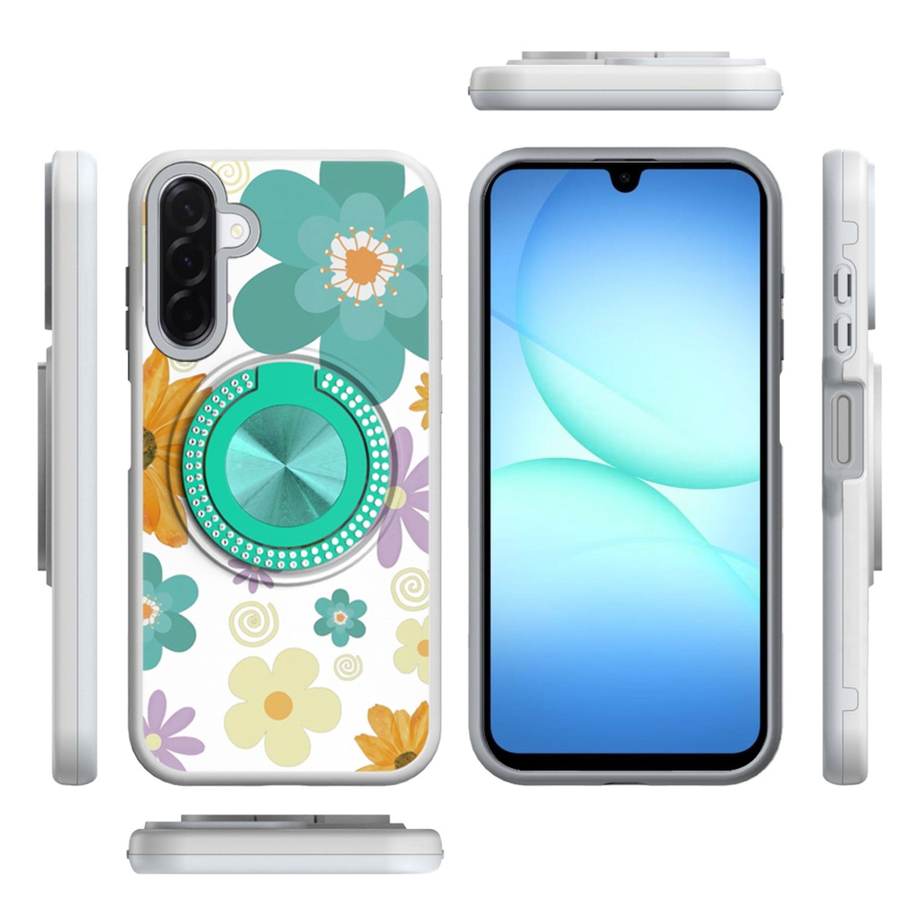 Left. Kitcheniva - Printed Design Case With 360 Rotating Stand Tempered Glass For Samsung Galaxy A17 5G Yellow & Purple Flowers - Multicolor.