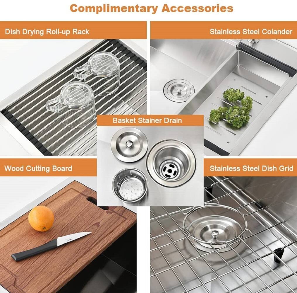 Complimentary Accessories

- Dish Drying Roll-up Rack
- Stainless Steel Colander
- Basket Strainer Drain
- Wood Cutting Board
- Stainless Steel Dish Grid