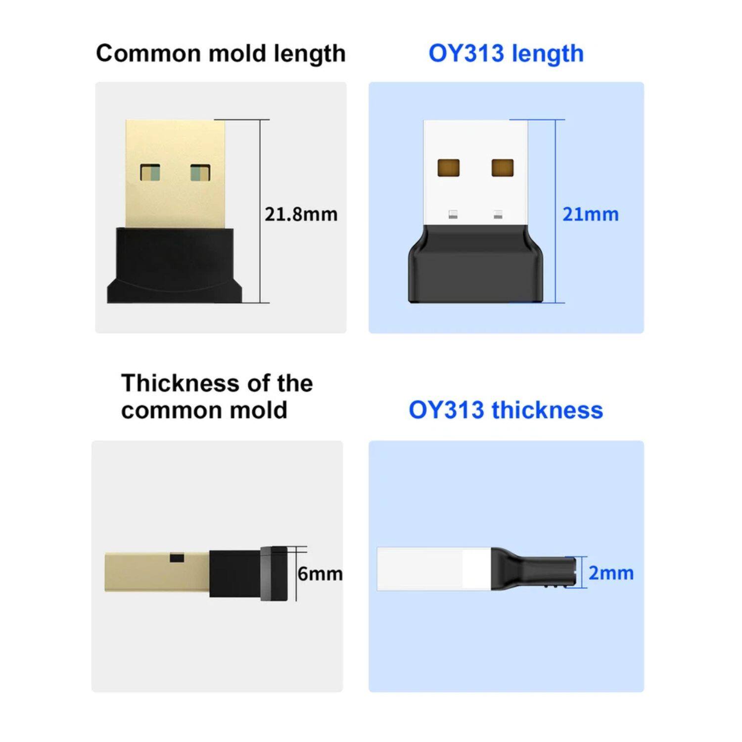 Common mold length: 21.8mm  
OY313 length: 21mm  

Thickness of the common mold: 6mm  
OY313 thickness: 2mm
