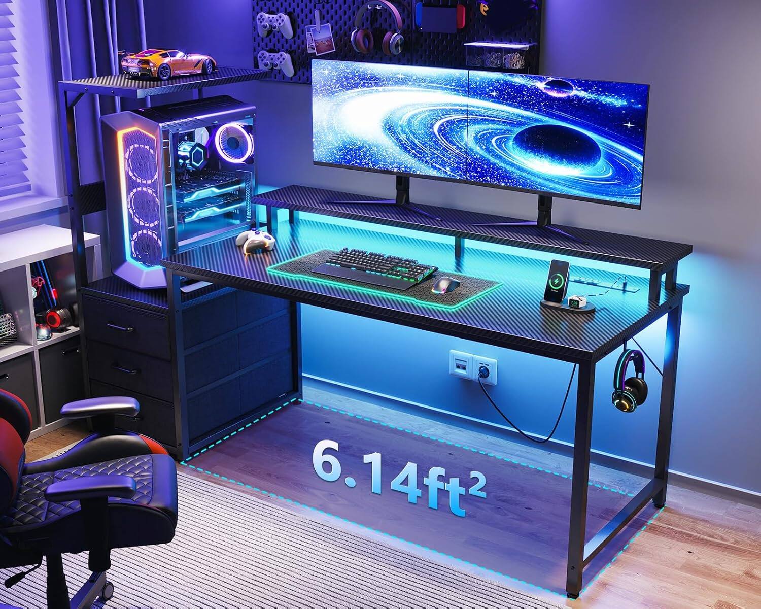 Alt View 2. Sweet - 59" Gaming Desk with Power Outlets & LED Lights, Drawer & Storage Shelves, Reversible Computer Desk, Black - Black.