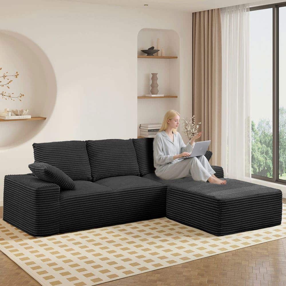 Kadyn - 103.5" L-Shaped Sectional Sofa, Cloud Chaise Design with Plush Corduroy and Deep Seats, No Assembly, Black - Black