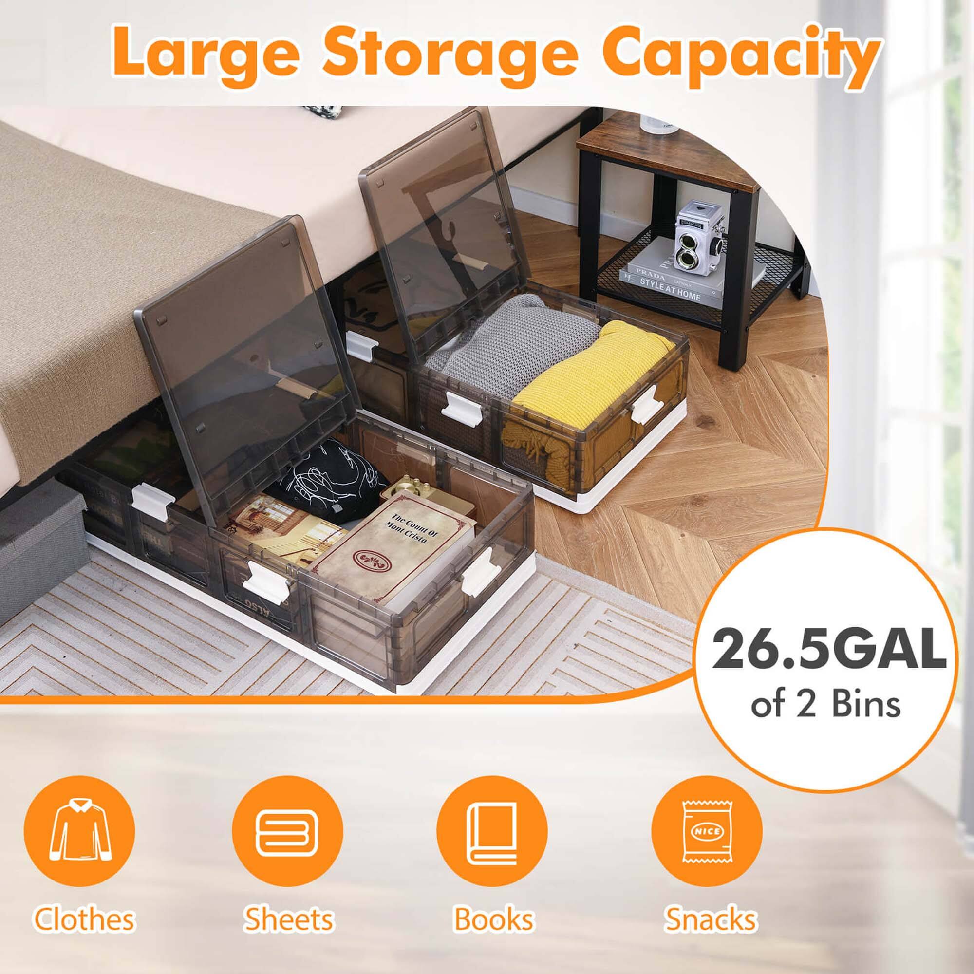 Large Storage Capacity

26.5GAL of 2 Bins

- Clothes
- Sheets
- Books
- Snacks